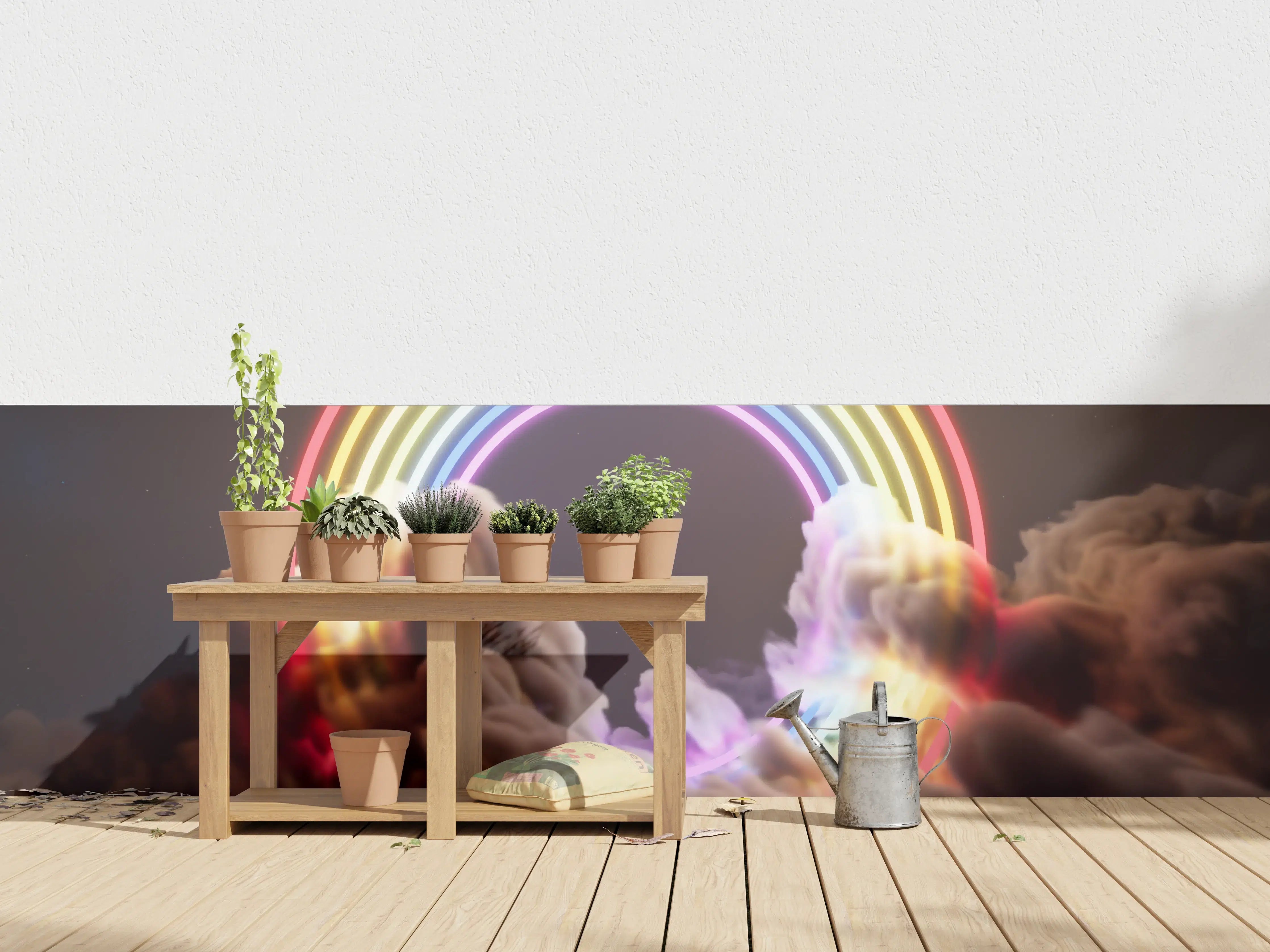 Wandverkleidung außen - Bunter Neon-Regenbogen auf Wolken
