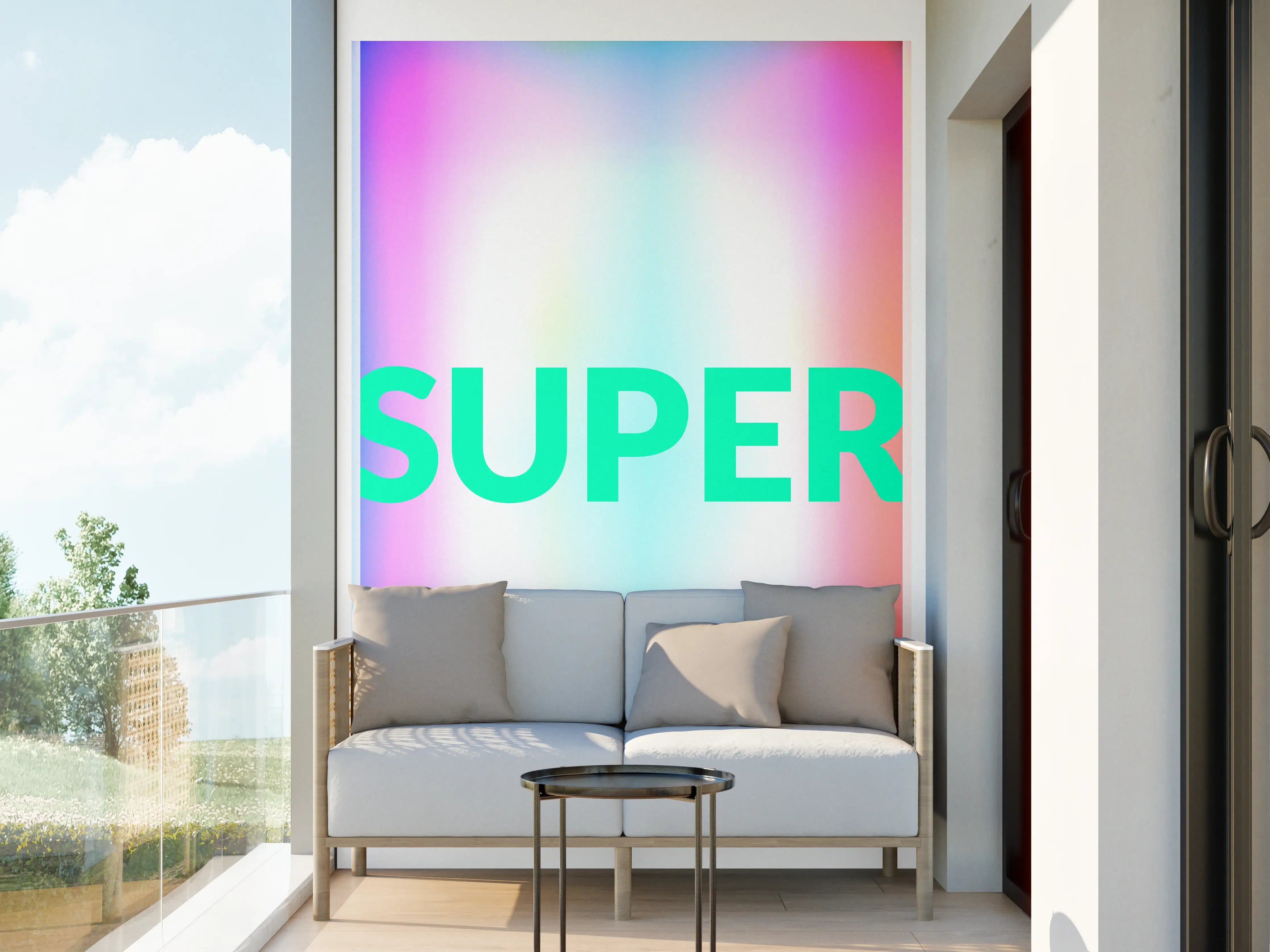 Wandverkleidung außen - Buntes Leuchten 'SUPER' Grafikdesign