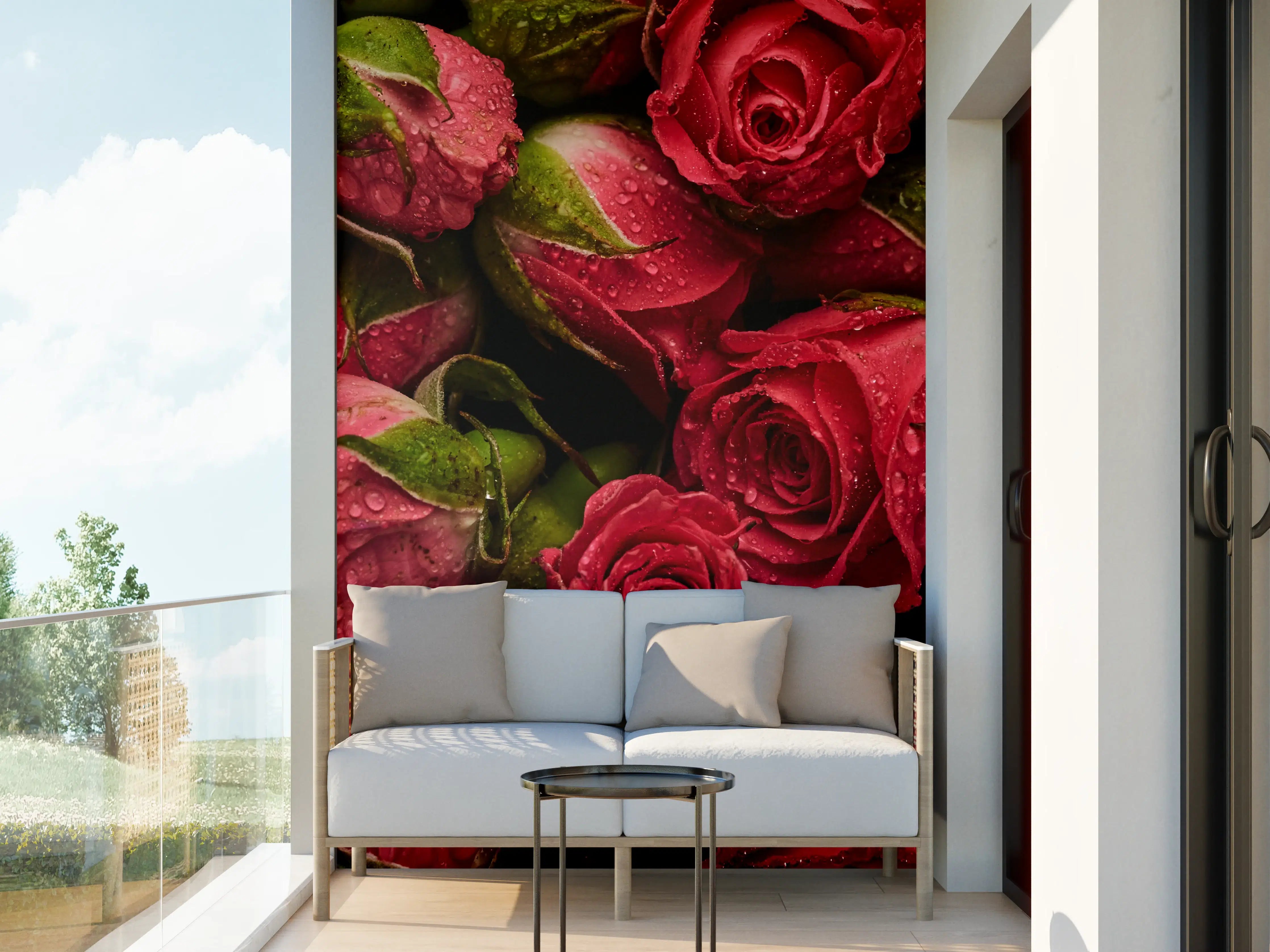 Wandverkleidung außen - Dichte rote Rosen mit Wassertröpfchen