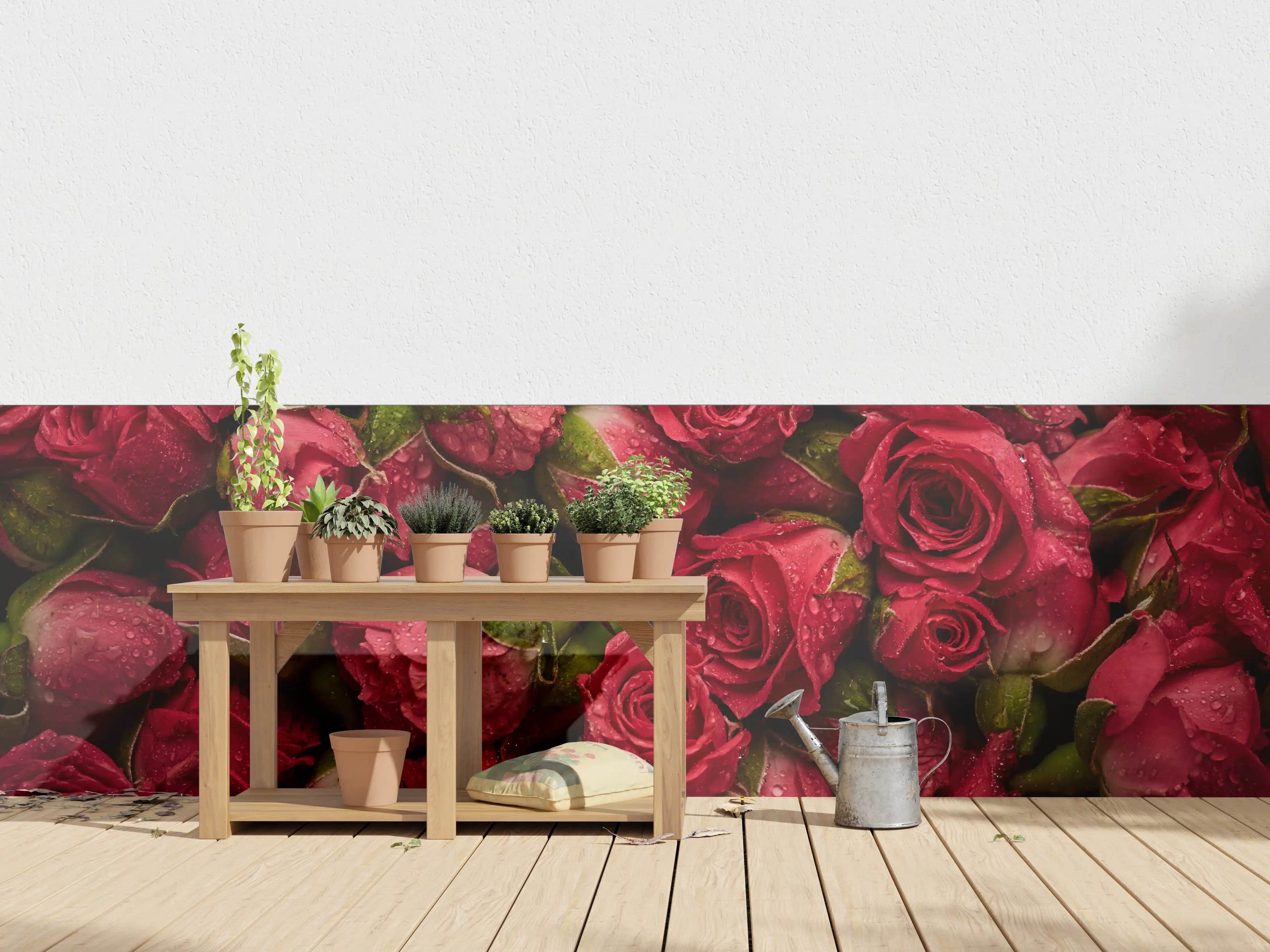 Wandverkleidung außen - Dichte rote Rosen mit Wassertröpfchen