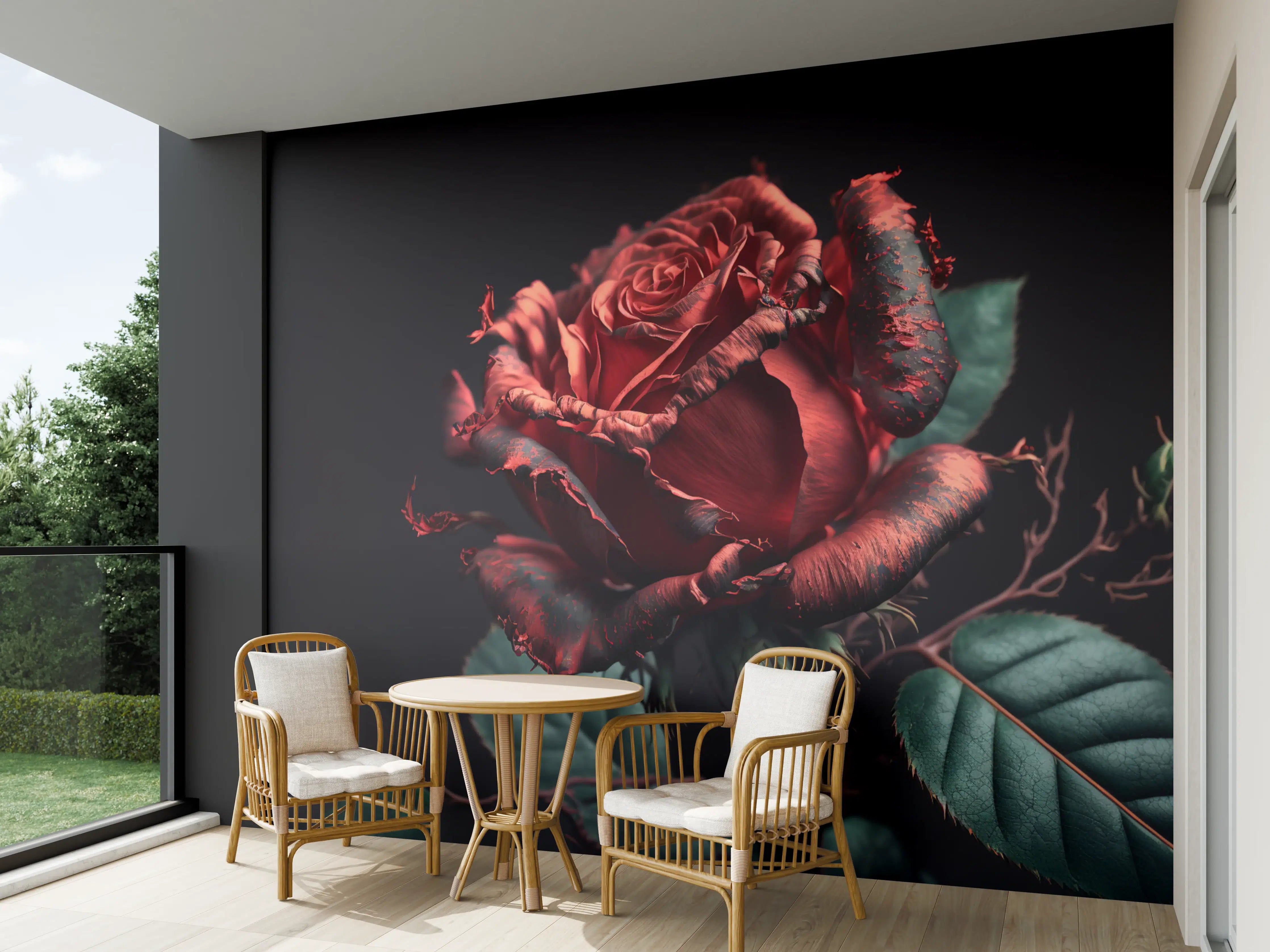 Wandverkleidung außen - Dramatische rote Rose mit dunklem Hintergrund