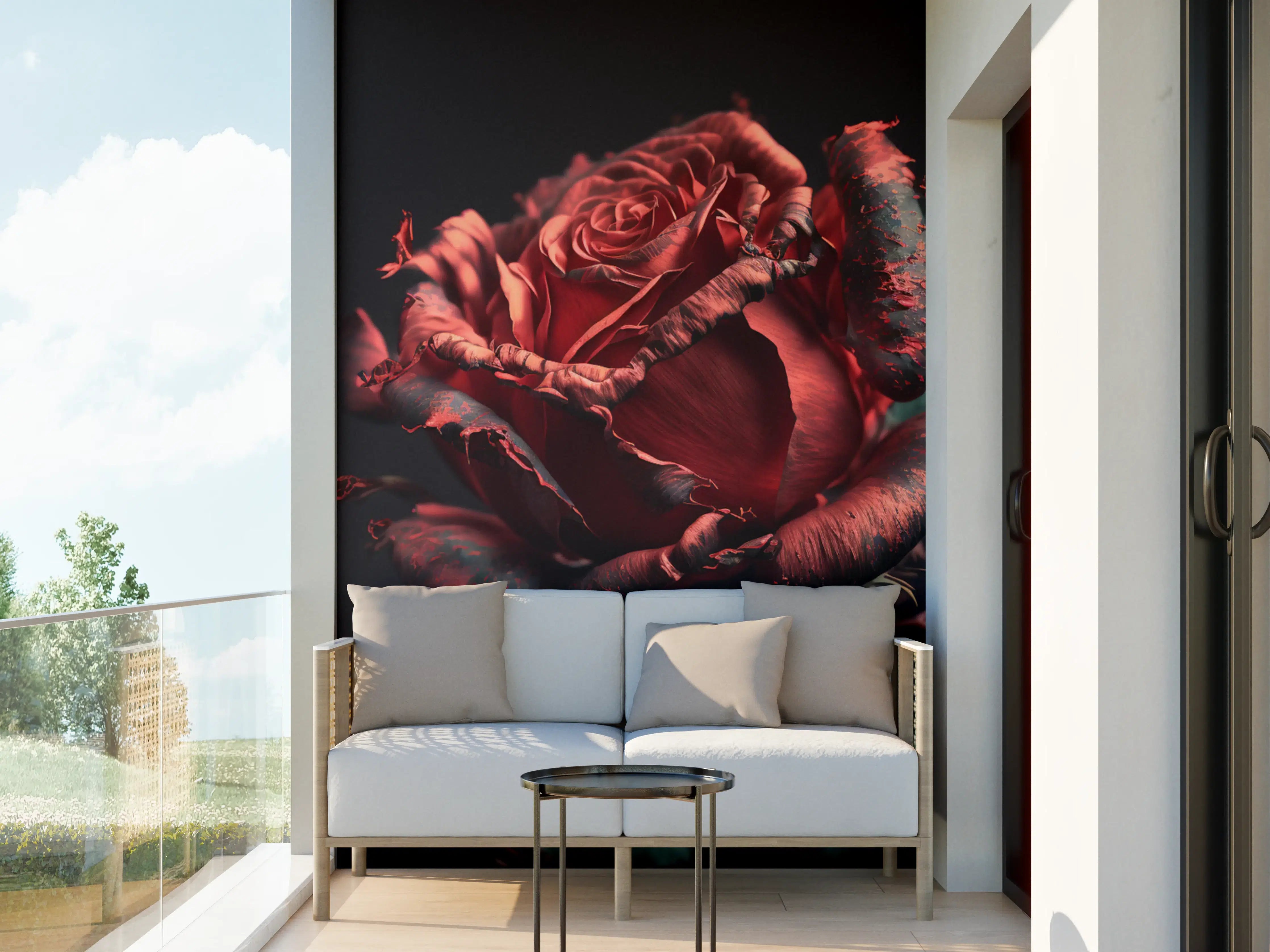 Wandverkleidung außen - Dramatische rote Rose mit dunklem Hintergrund