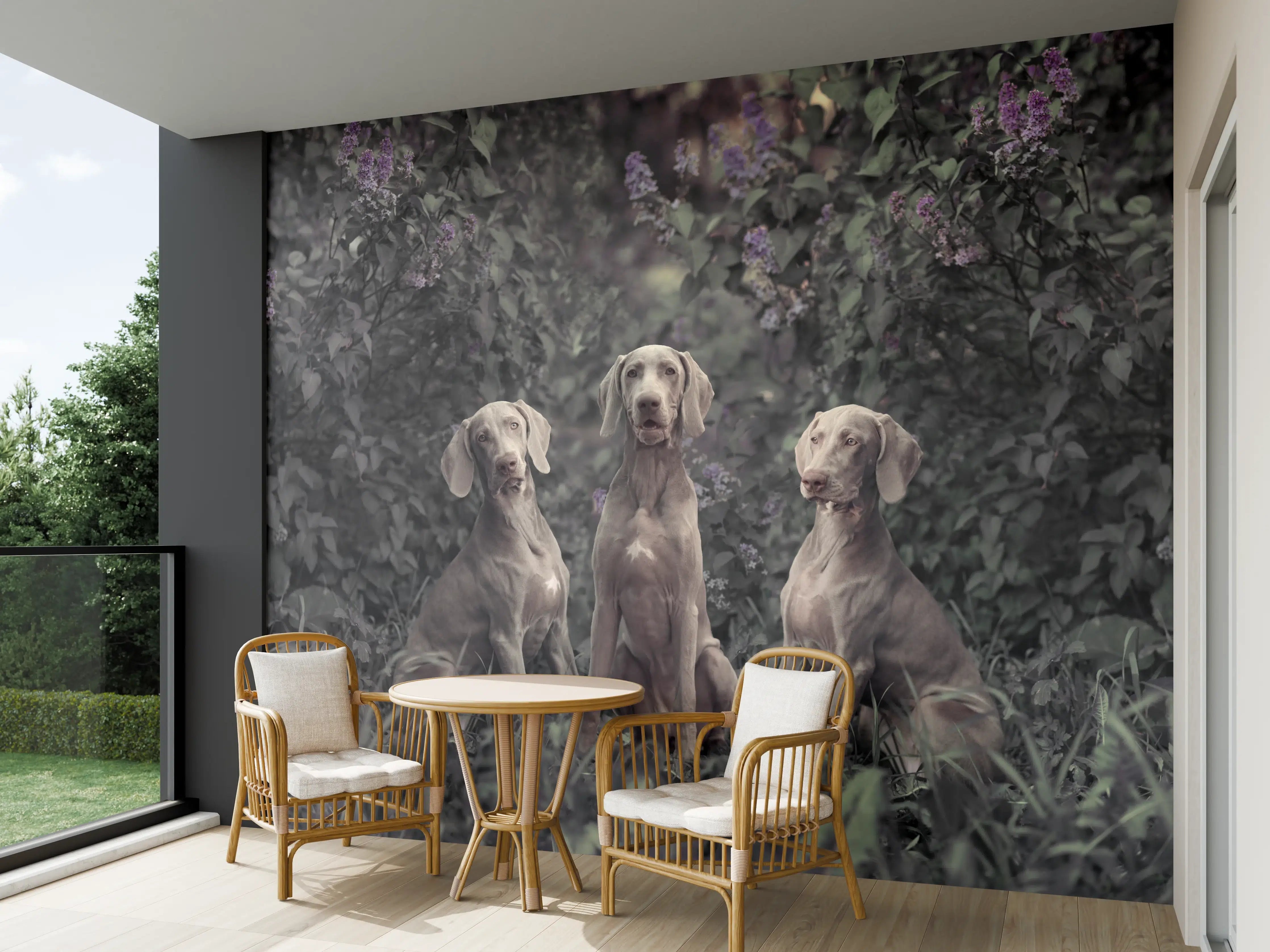 Wandverkleidung außen - Drei Weimaranerhunde sitzend im Fliedergebüsch
