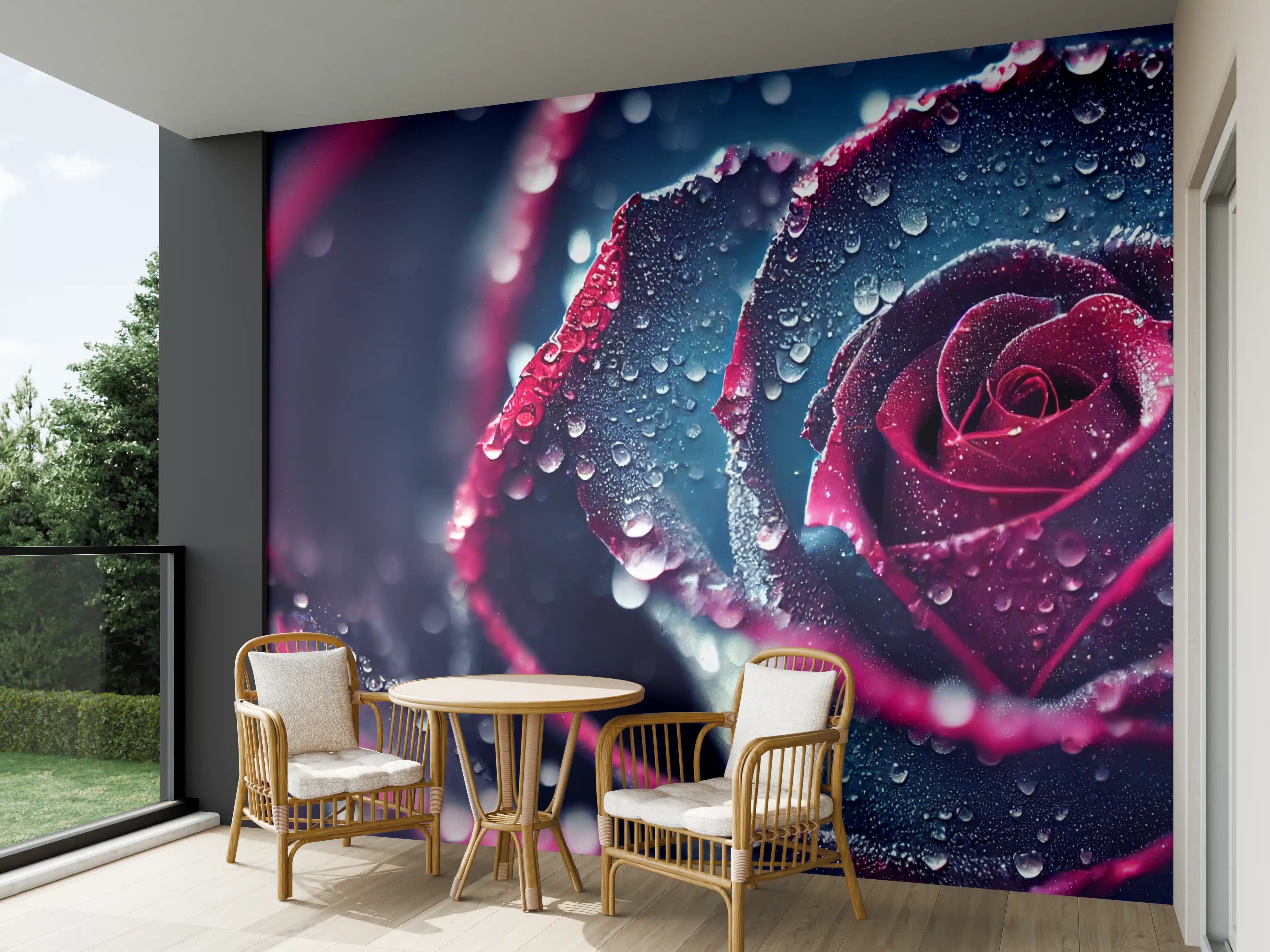 Wandverkleidung außen - Dunkle Rose mit Tau auf Blütenblättern