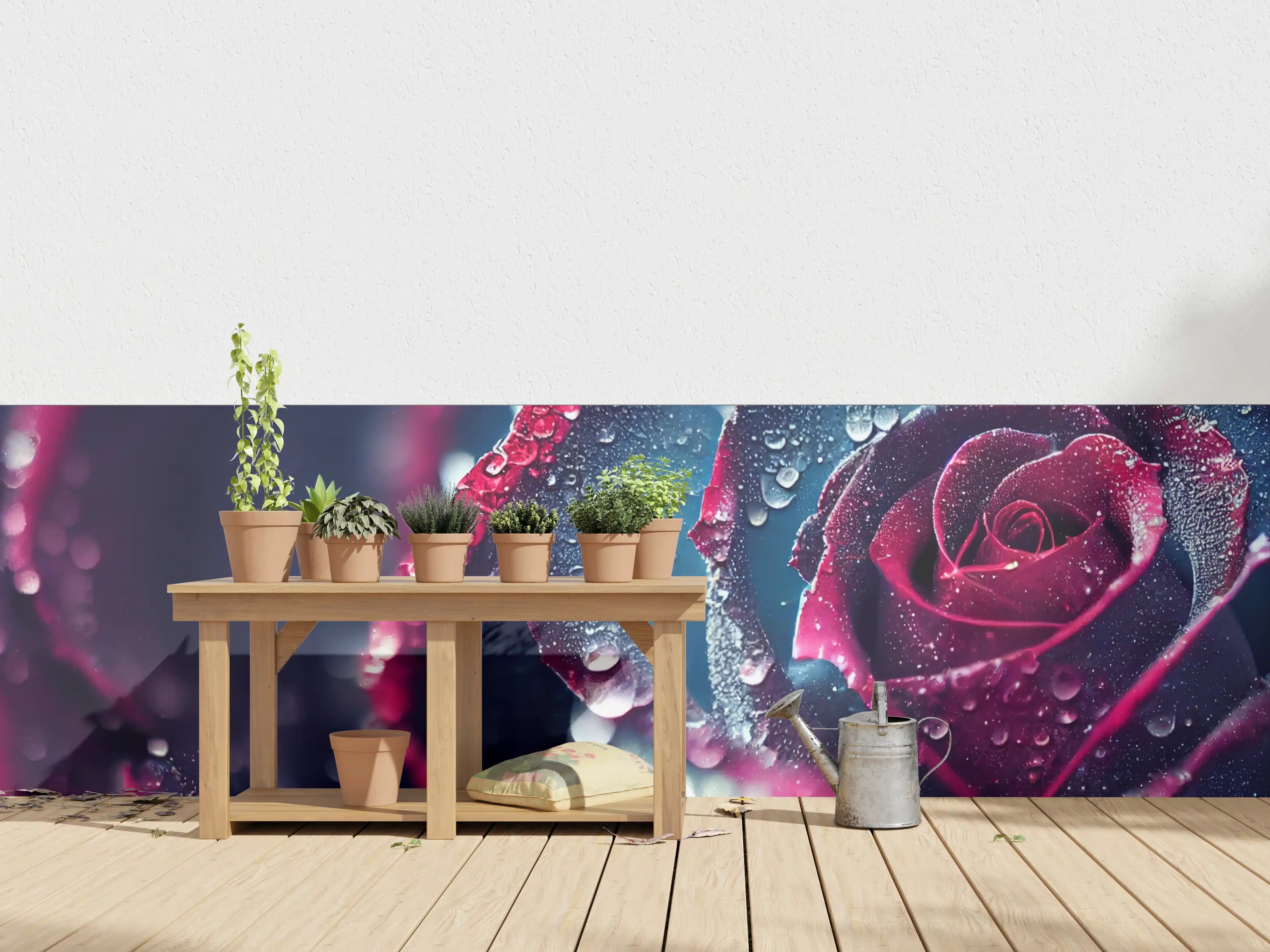 Wandverkleidung außen - Dunkle Rose mit Tau auf Blütenblättern