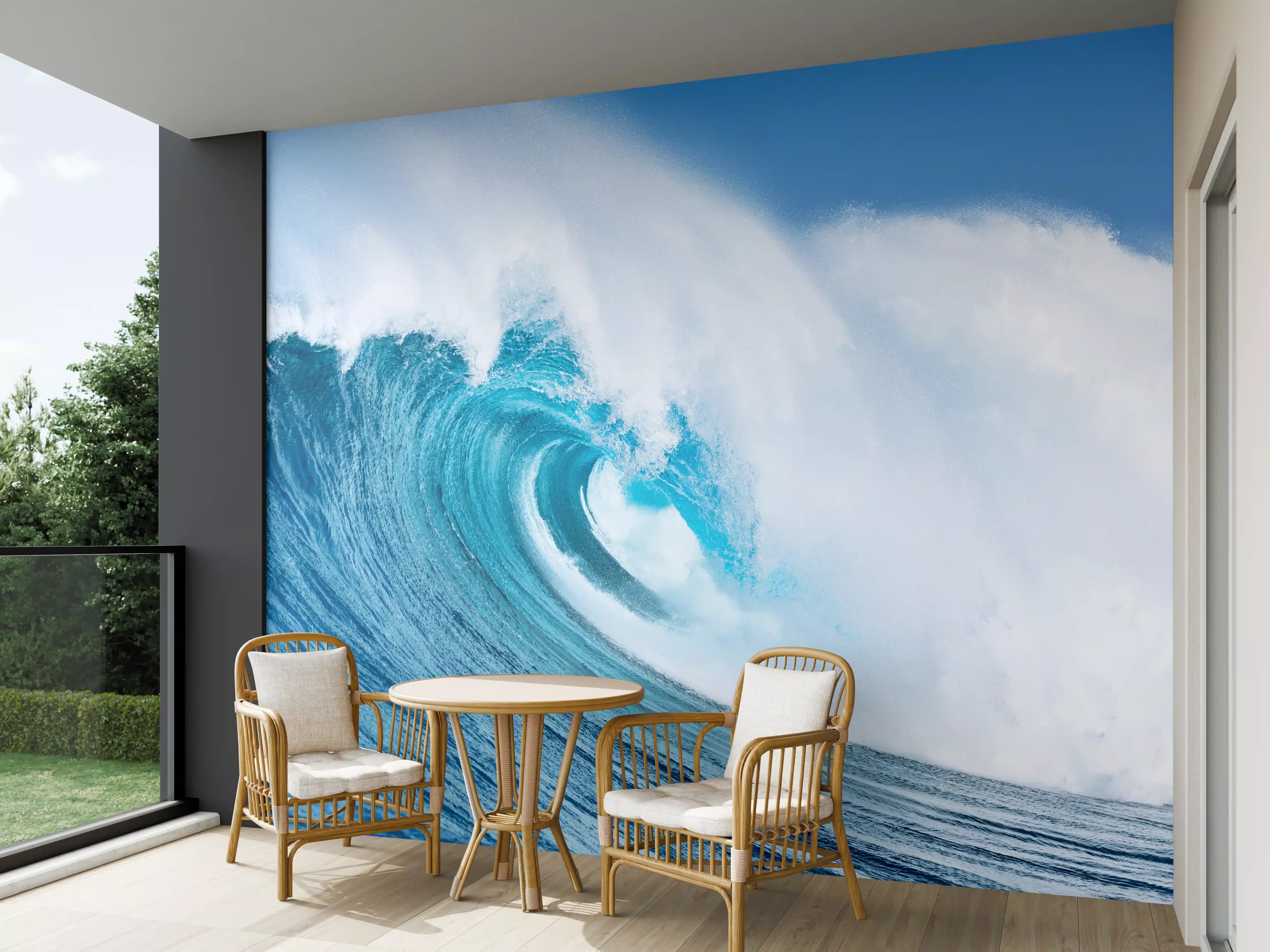 Wandverkleidung außen - Dynamische Surfwelle in Blau