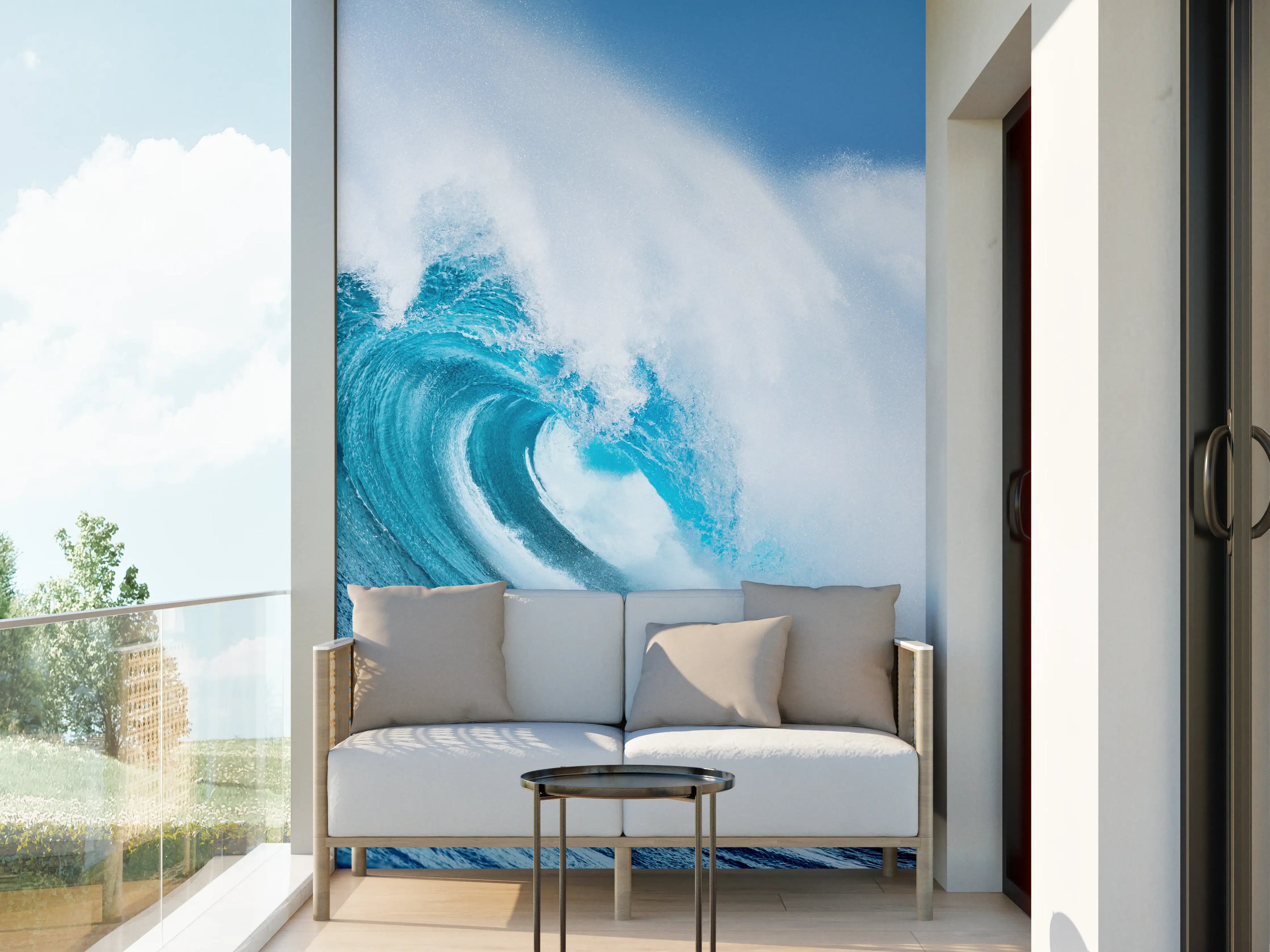 Wandverkleidung außen - Dynamische Surfwelle in Blau