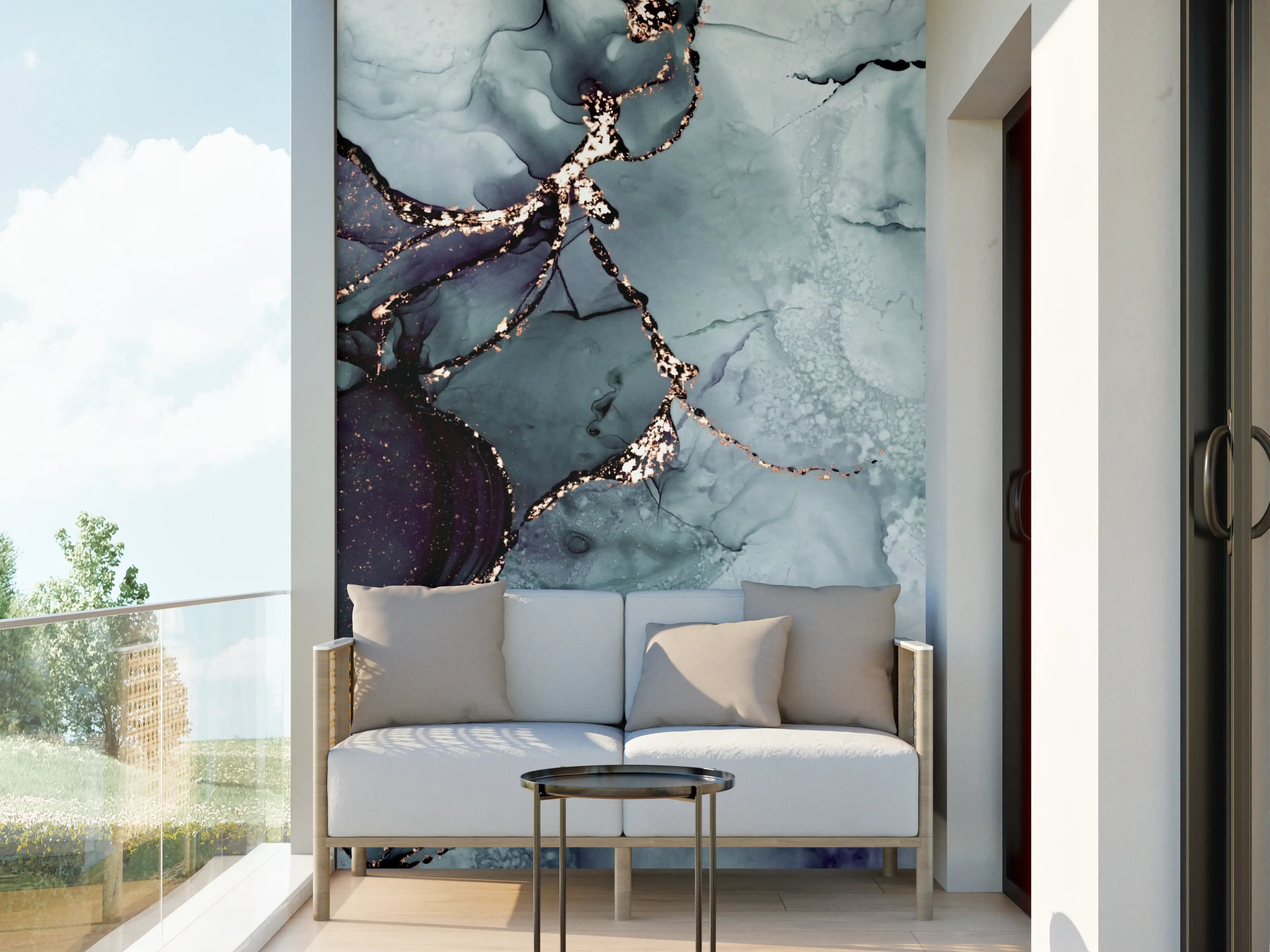 Wandverkleidung außen - Elegante Blau-Grau-Marmor-Textur mit Goldakzenten