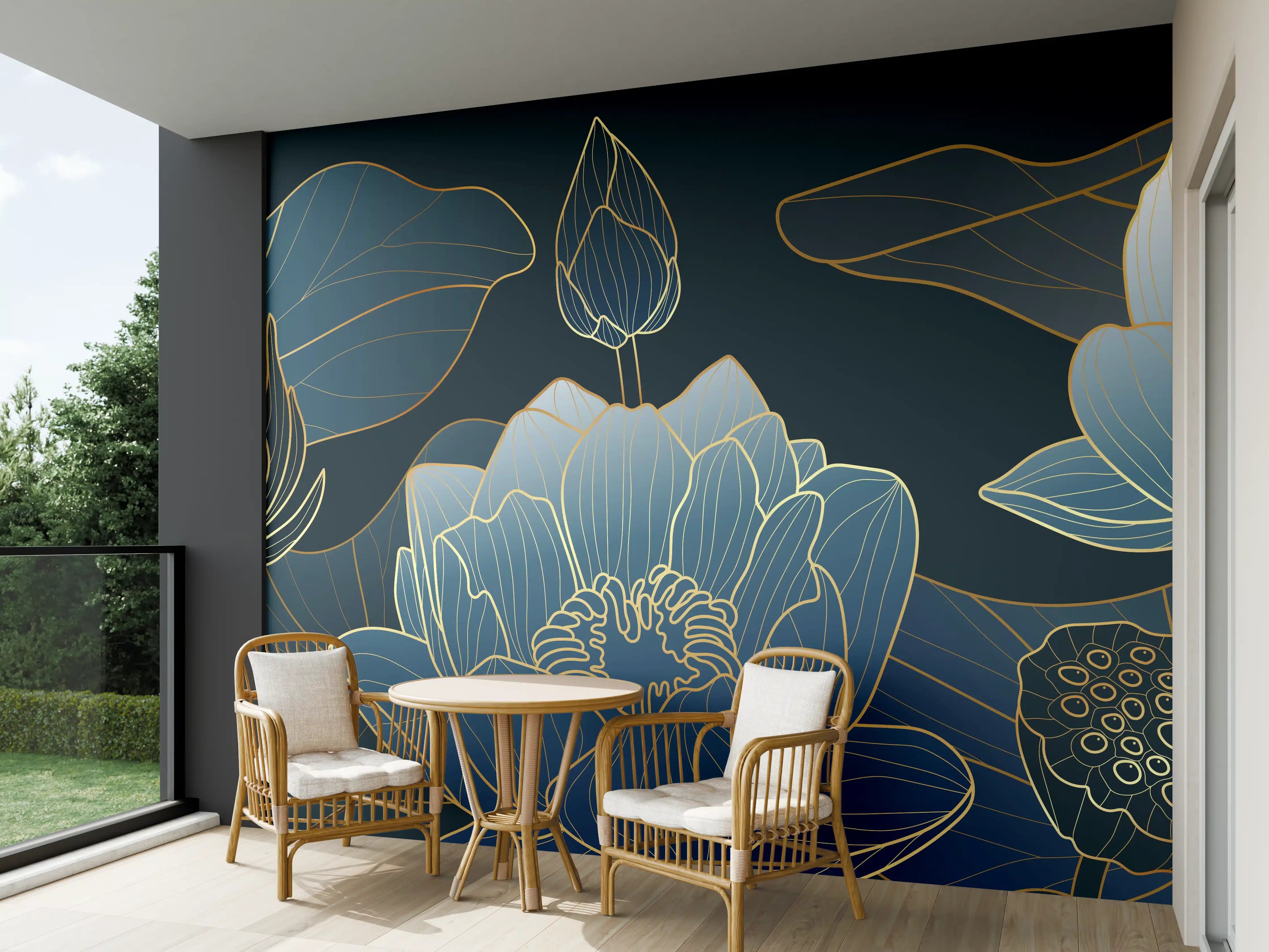 Wandverkleidung außen - Elegante Blau-Weiße Blumenillustration
