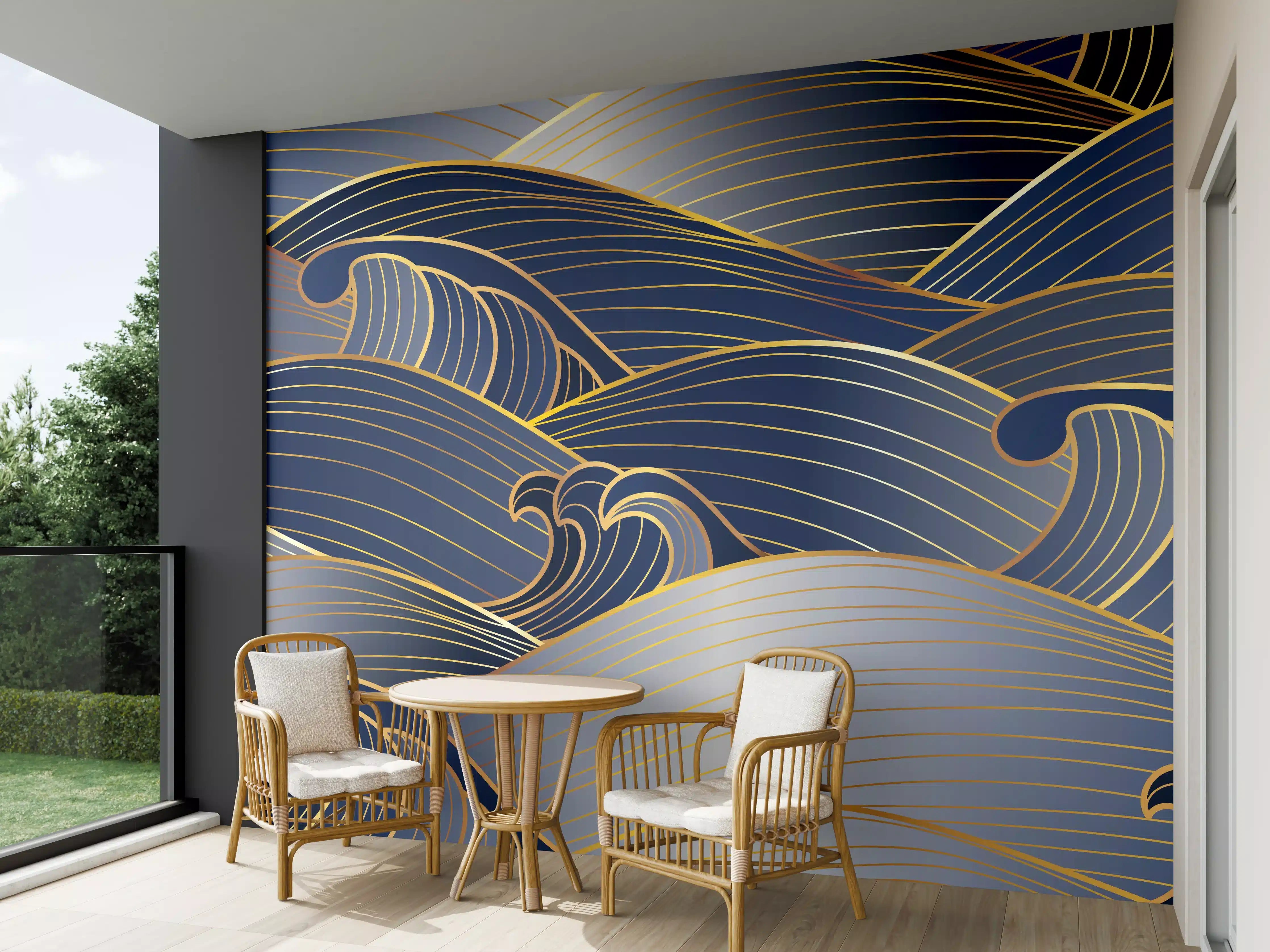 Wandverkleidung außen - Elegante Gold-Blau Wellentextur
