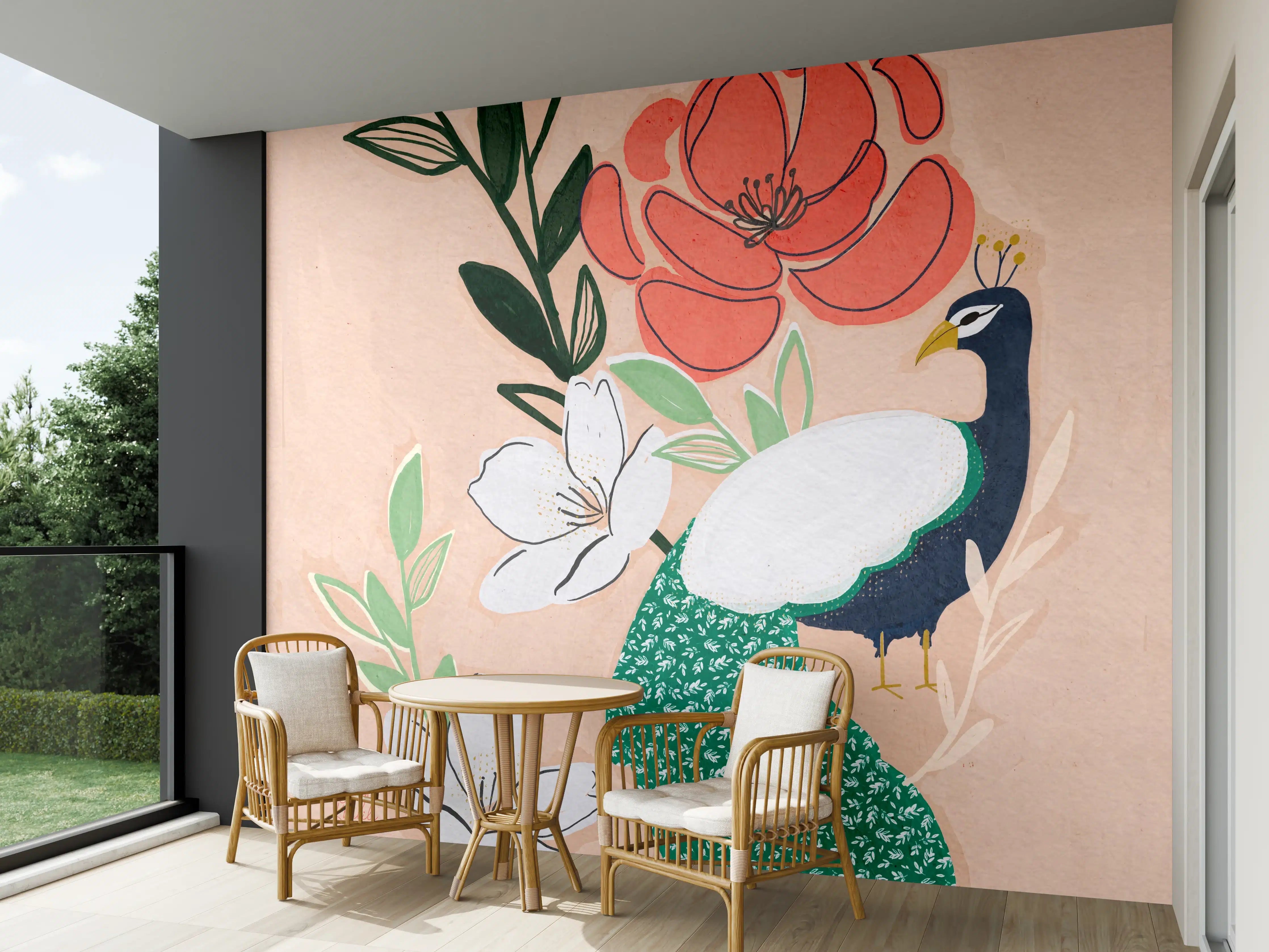 Wandverkleidung außen - Elegante Pfauenfeder mit Blüten in Pastellfarben