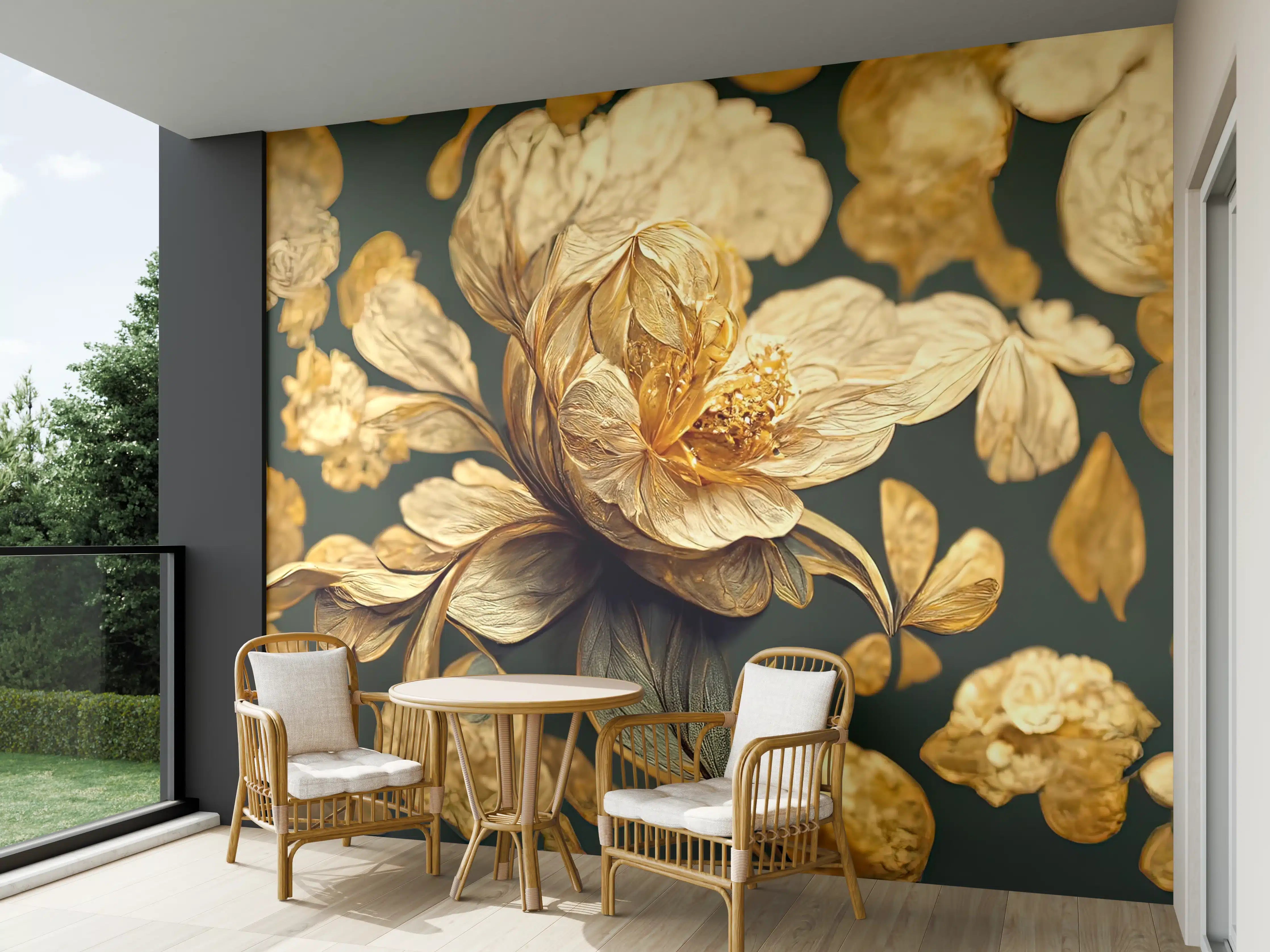 Wandverkleidung außen - Elegante goldene Blumenmuster Wandgestaltung