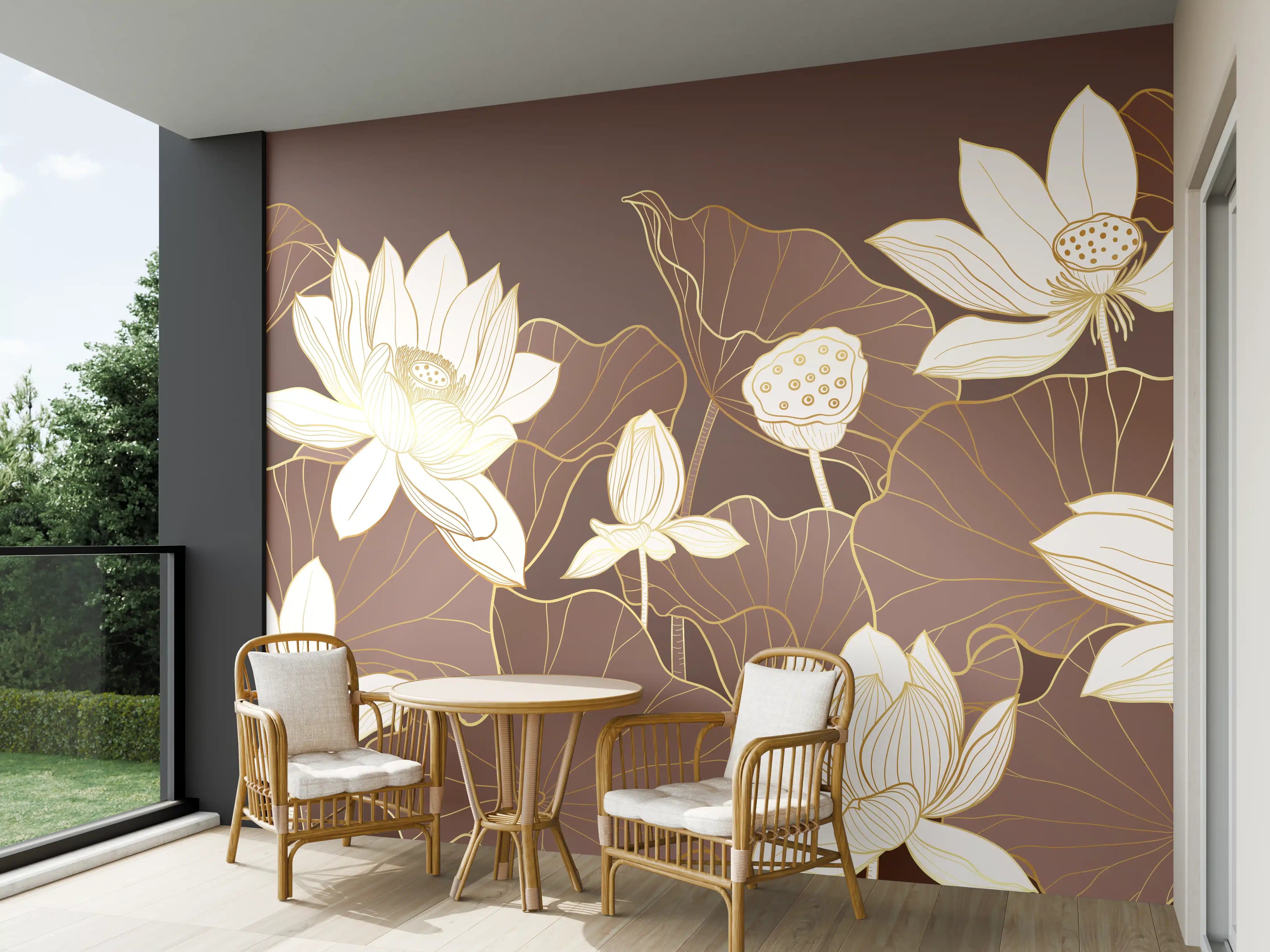 Wandverkleidung außen - Elegante weiße Lotusblumen auf braunem Hintergrund