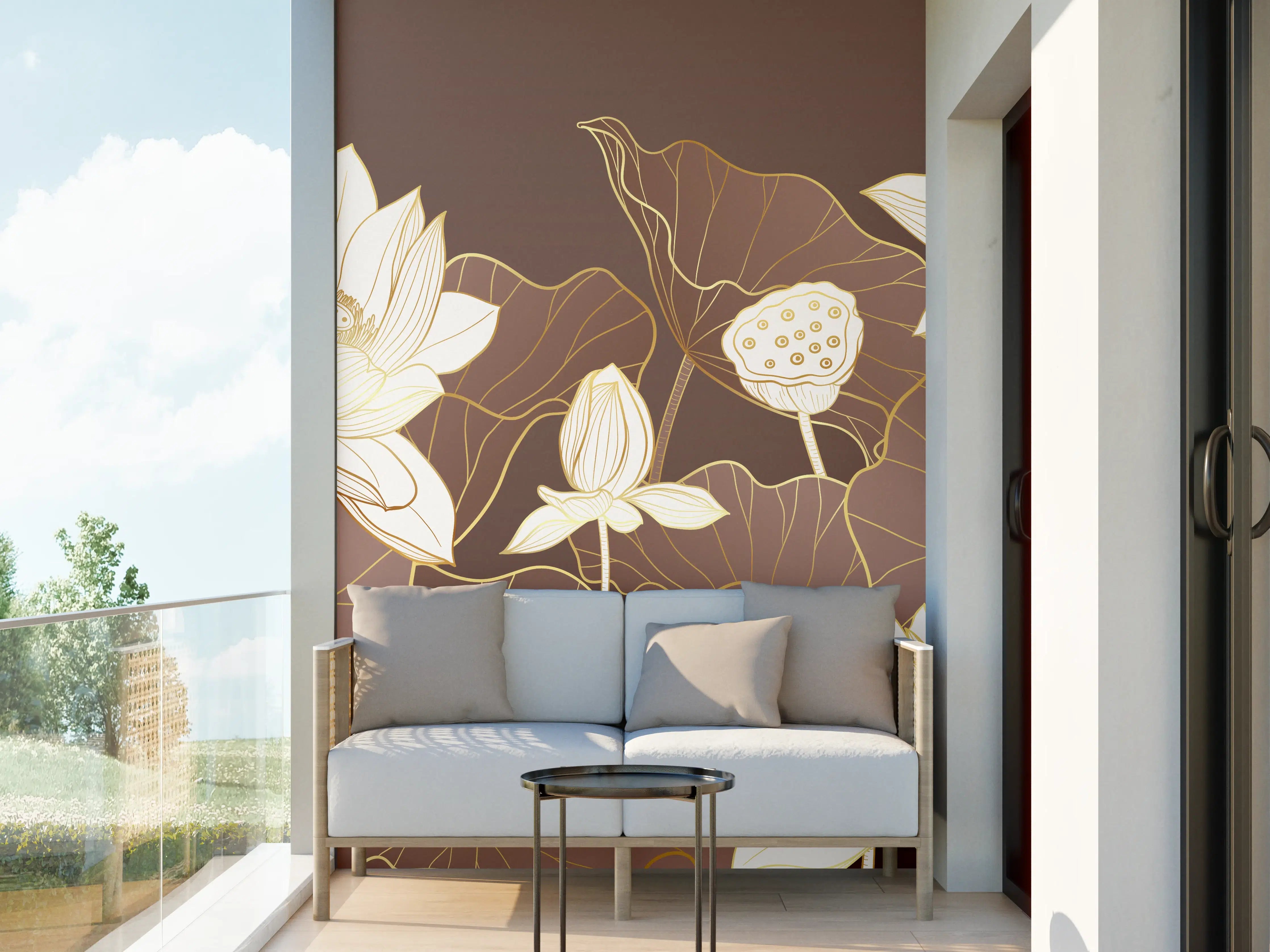 Wandverkleidung außen - Elegante weiße Lotusblumen auf braunem Hintergrund