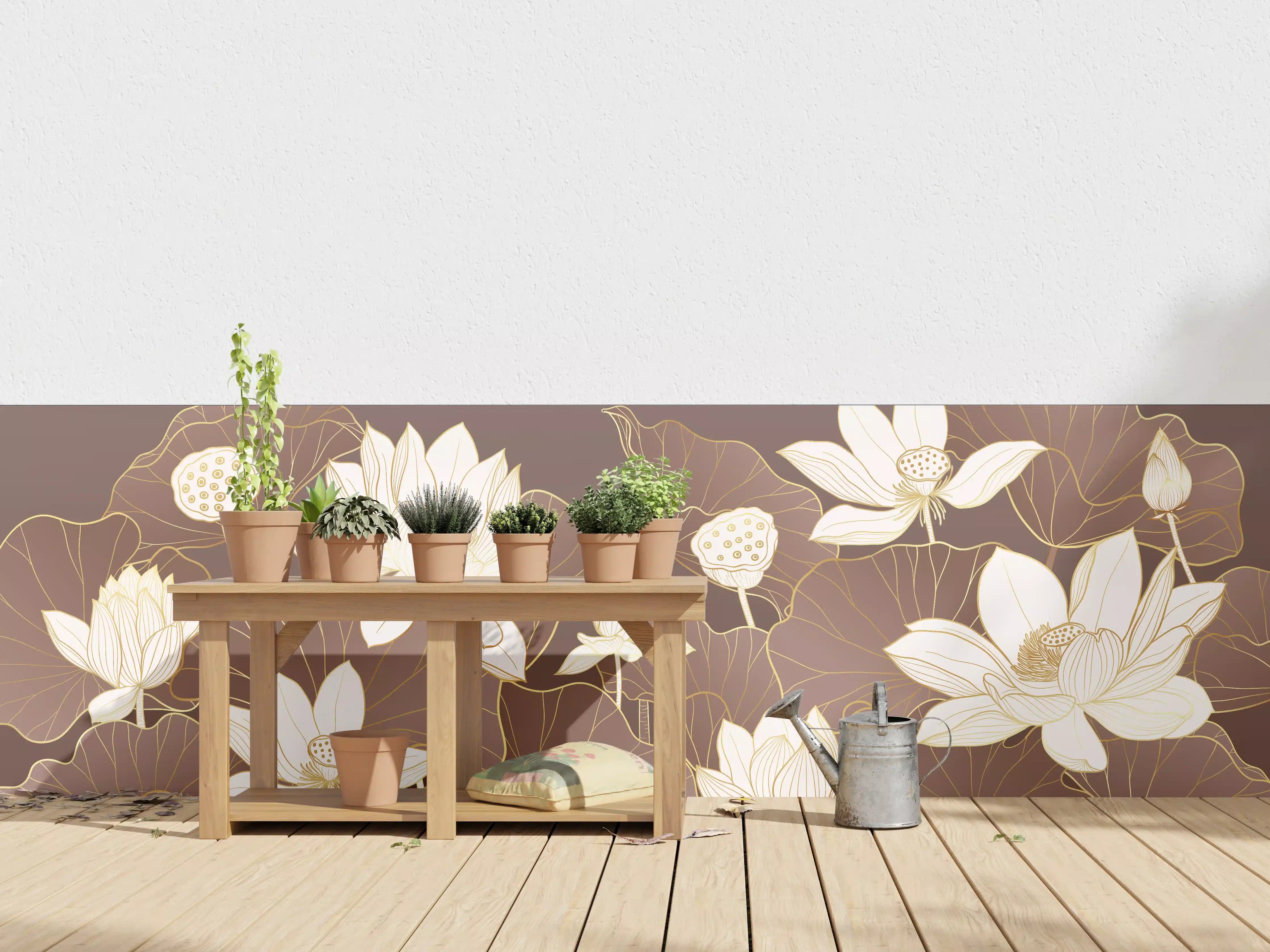 Wandverkleidung außen - Elegante weiße Lotusblumen auf braunem Hintergrund