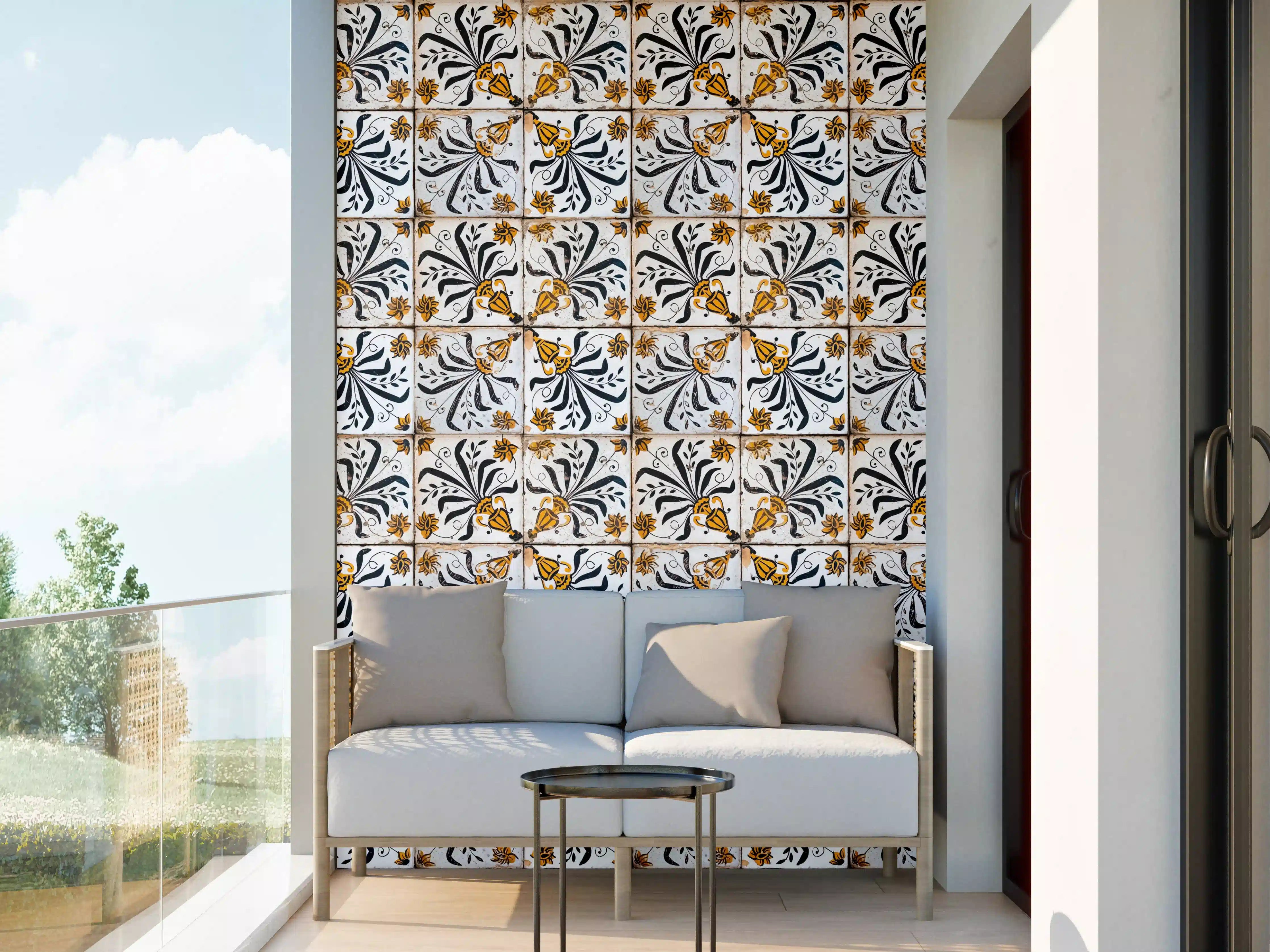 Wandverkleidung außen - Elegante, gold- und blauschwarz verzierte Fliesen mit floralem Muster
