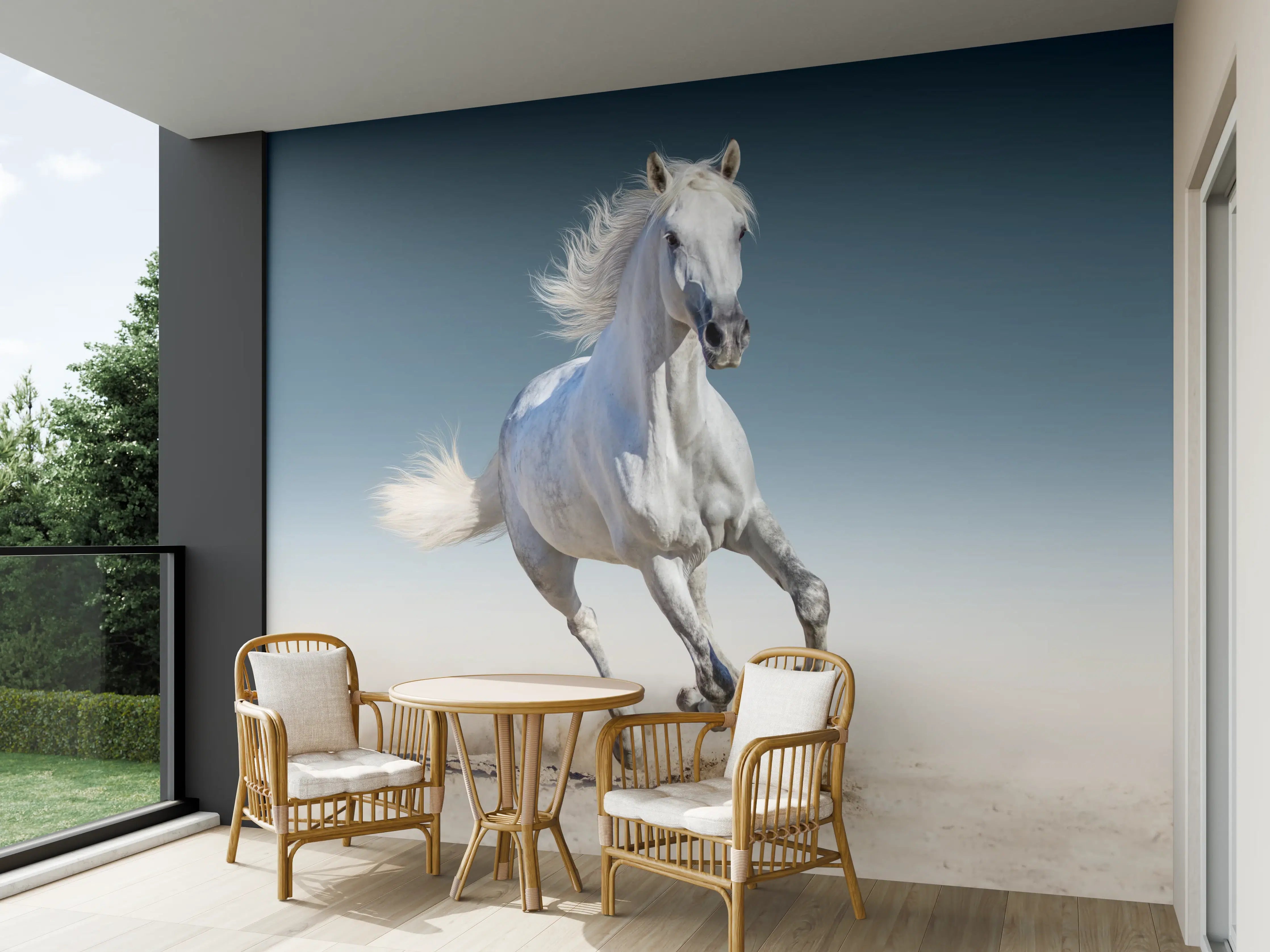 Wandverkleidung außen - Eleganter weißer Galopper in freier Wildbahn
