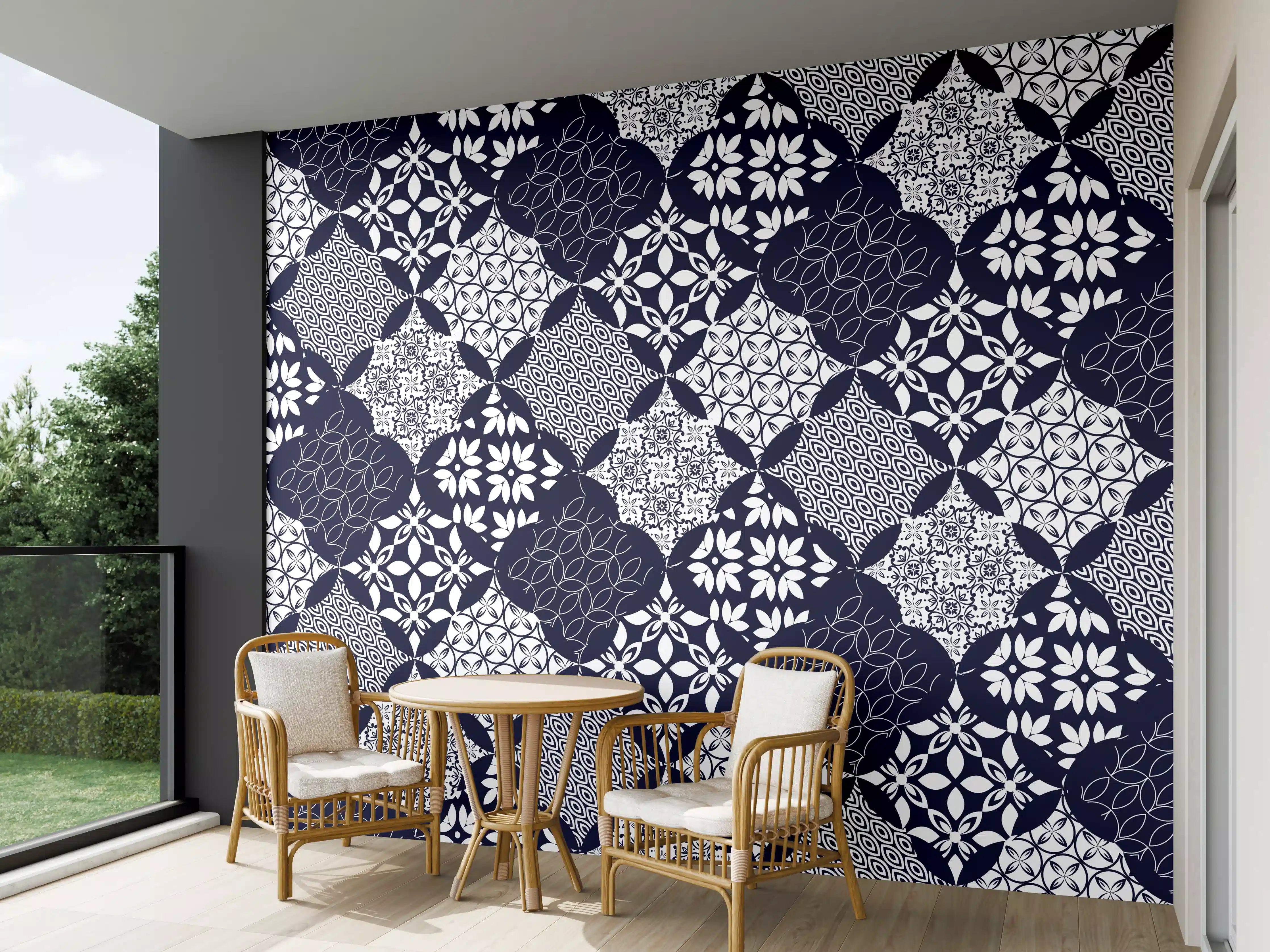 Wandverkleidung außen - Elegantes Blau-Weiß-Grau Muster
