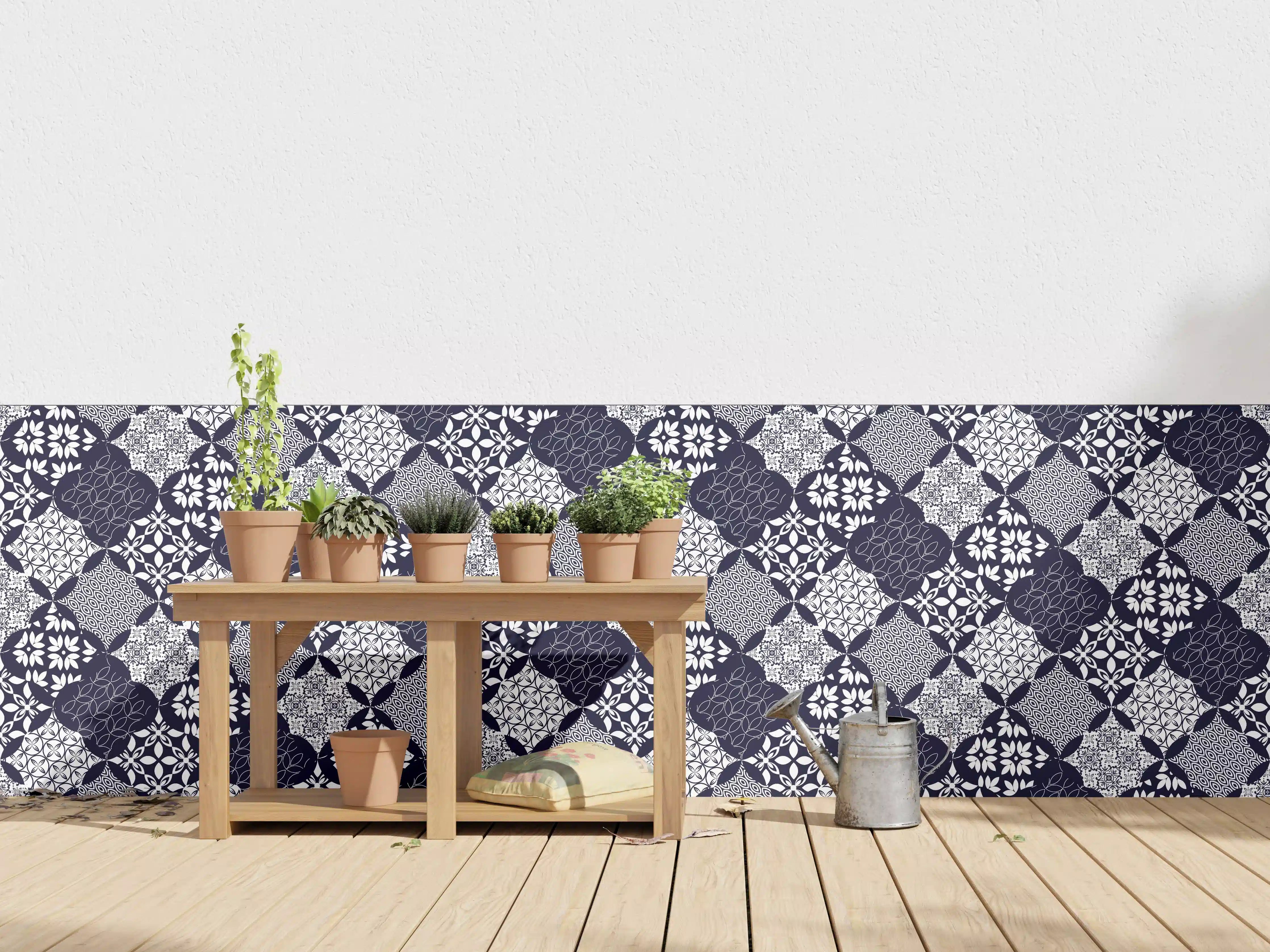 Wandverkleidung außen - Elegantes Blau-Weiß-Grau Muster