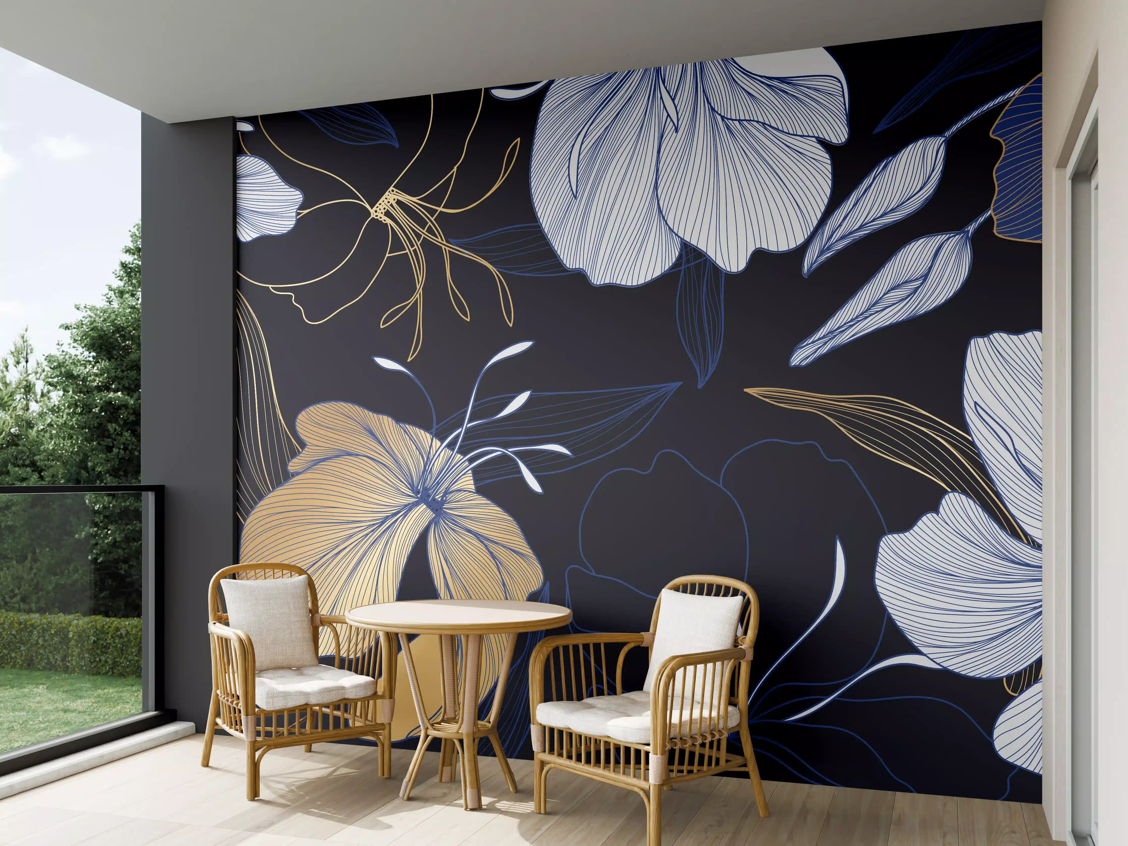 Wandverkleidung außen - Elegantes Blumen-Muster Dunkelblau