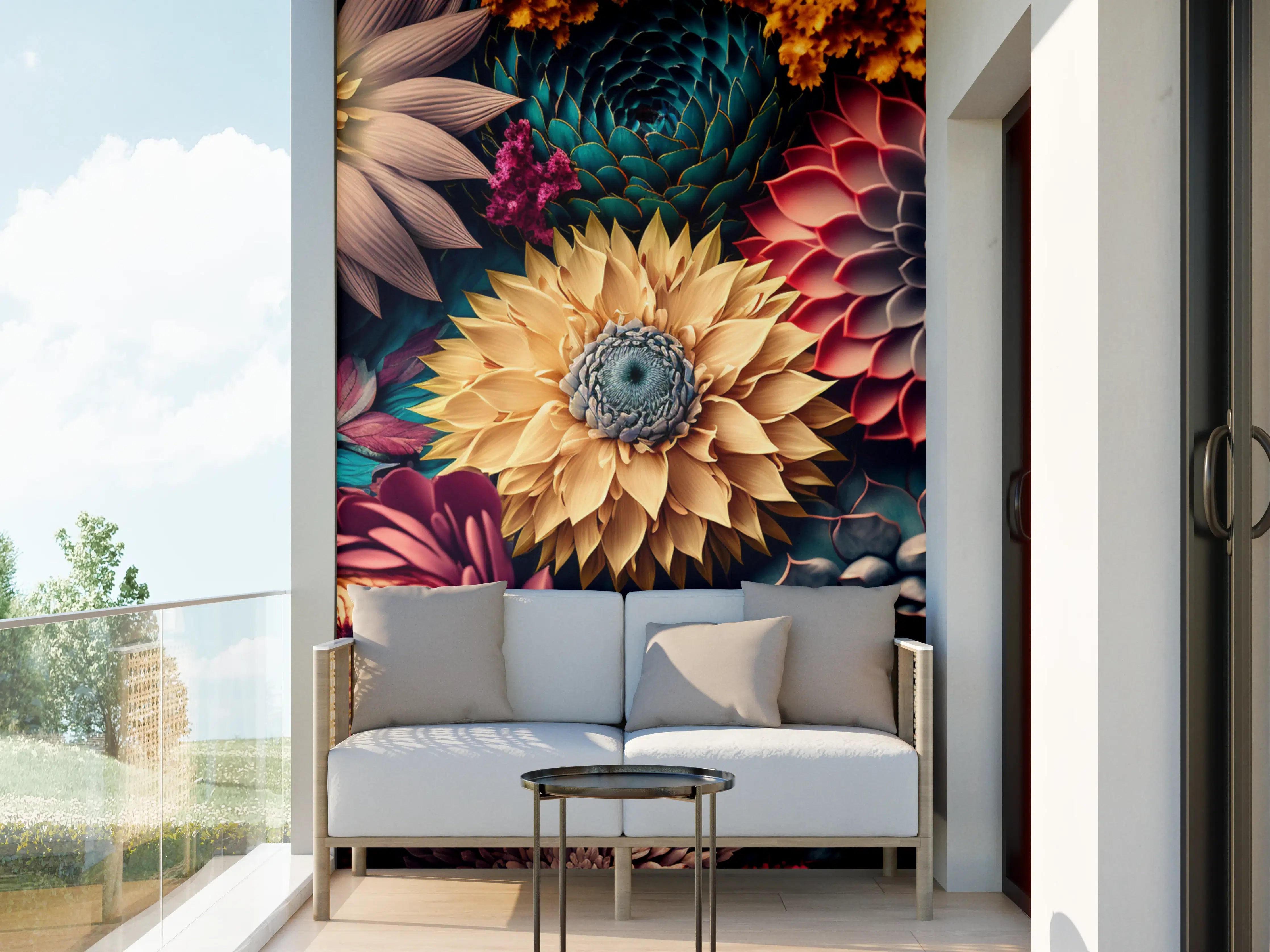 Wandverkleidung außen - Farbenfrohe Blumenvielfalt mit dunklem Hintergrund