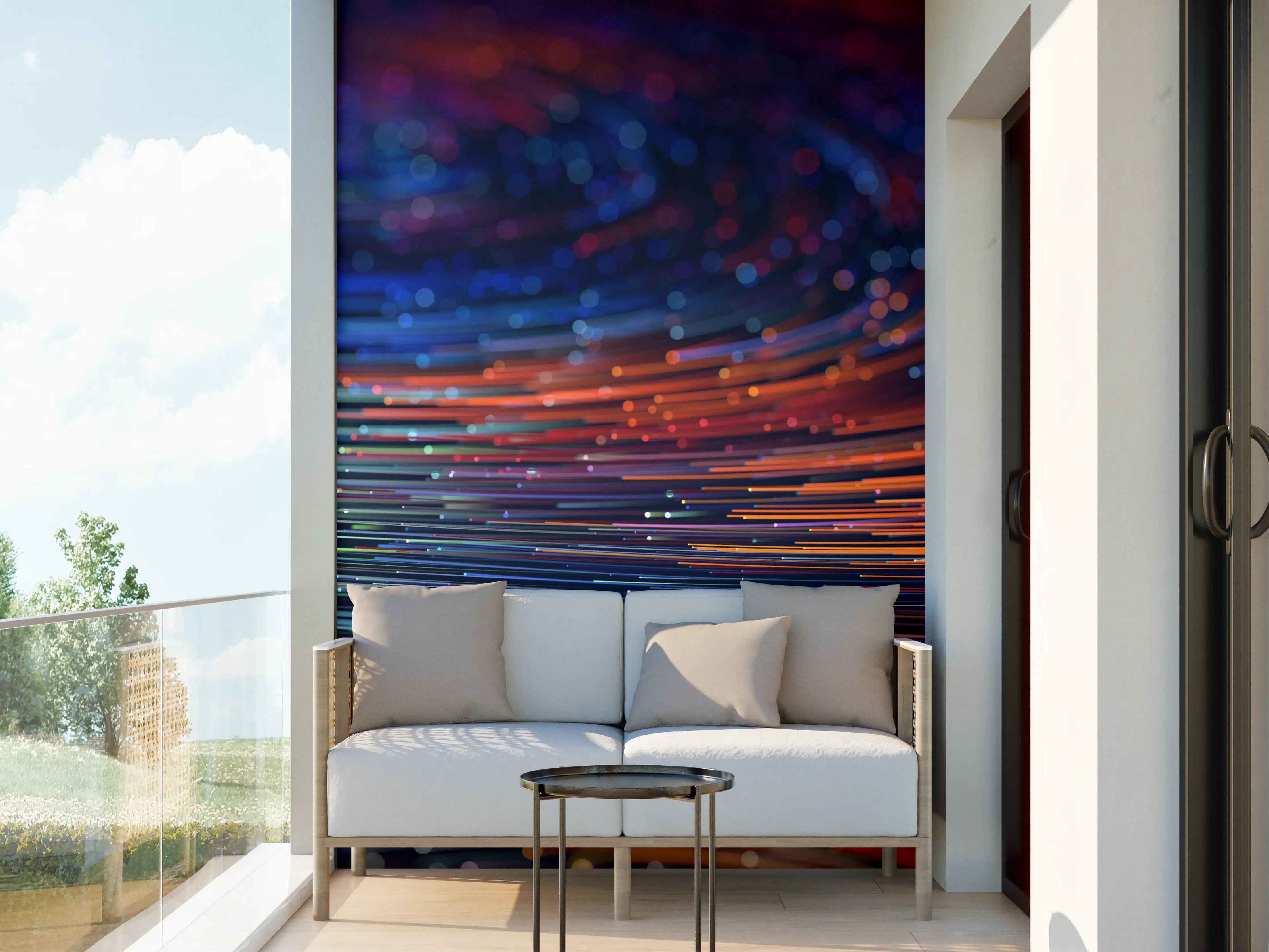 Wandverkleidung außen - Farbenfrohe digitale Kunst mit leuchtenden Linien