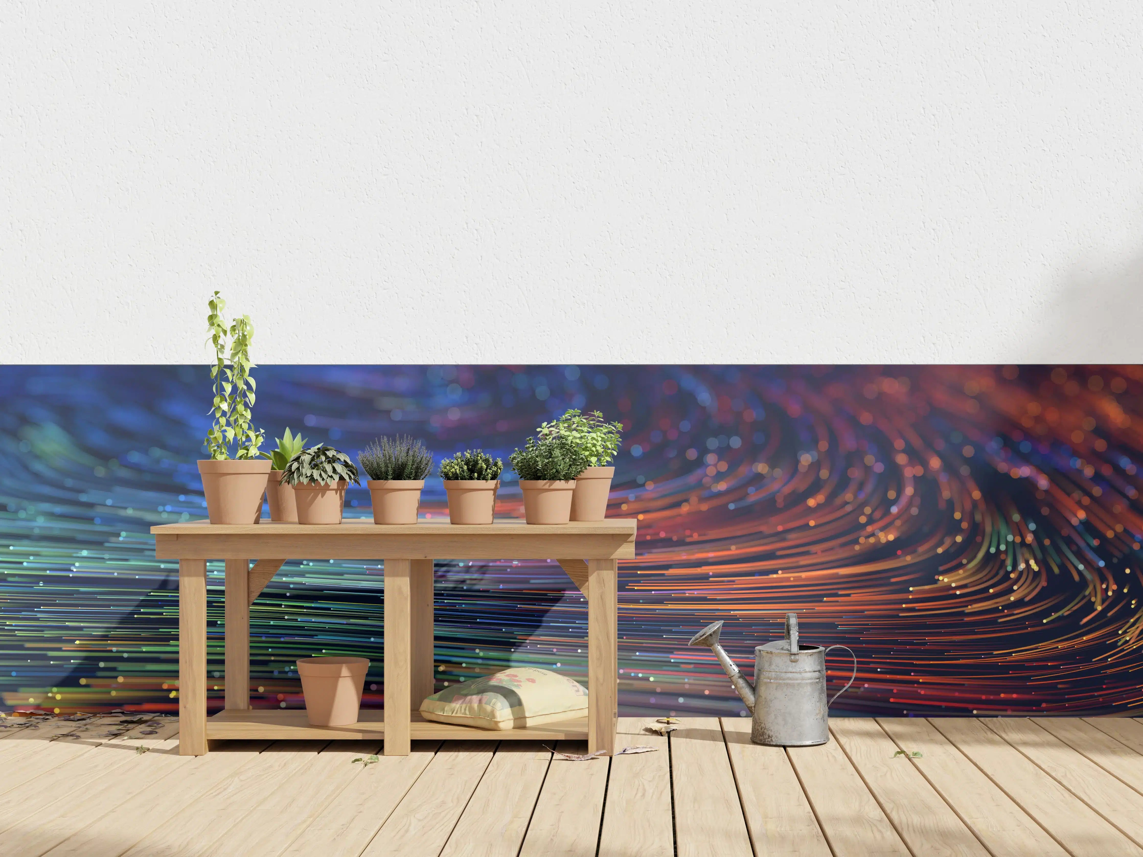 Wandverkleidung außen - Farbenfrohe digitale Kunst mit leuchtenden Linien