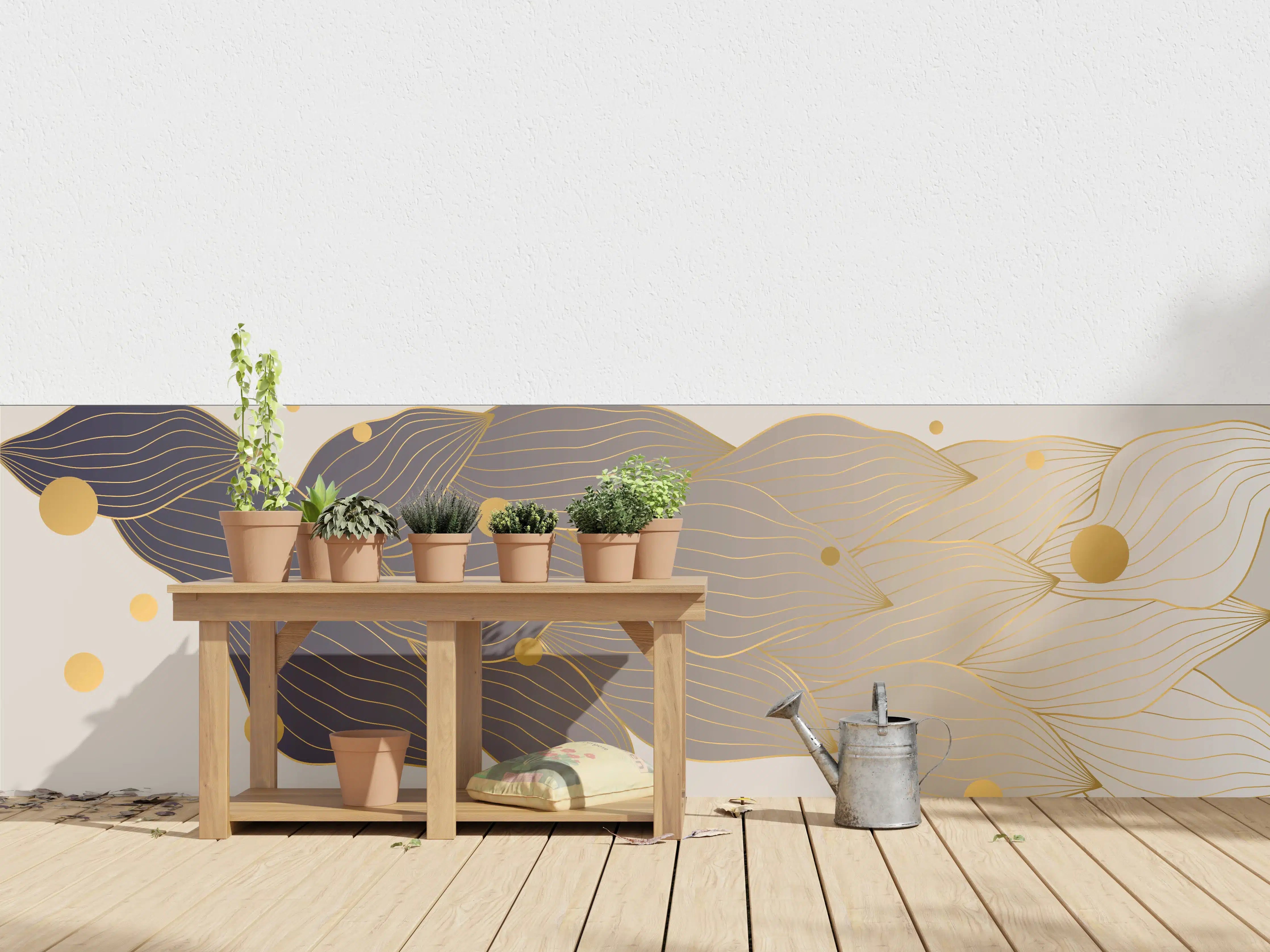 Wandverkleidung außen - Feine Goldlinien Kunst auf weißem Untergrund