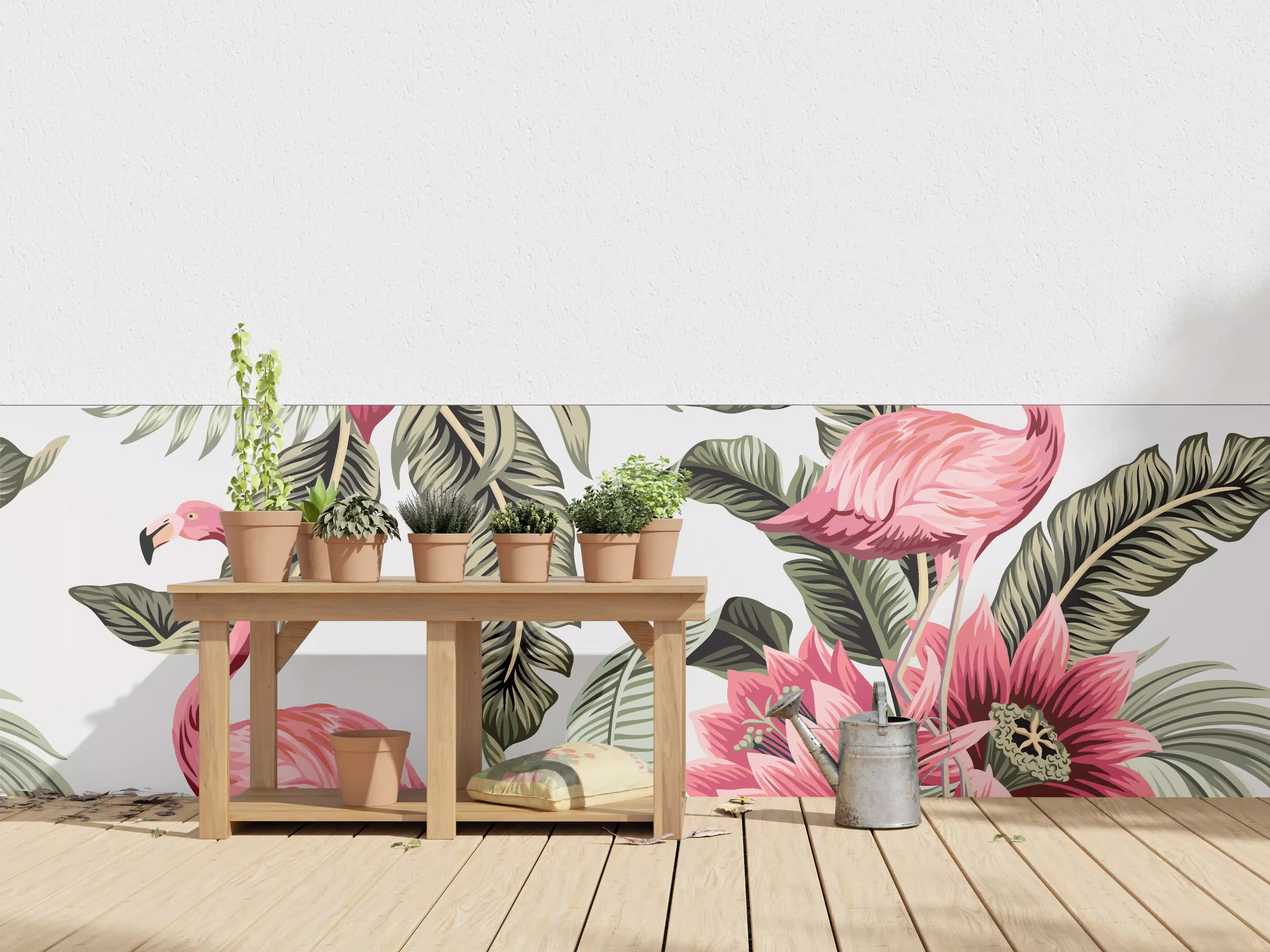 Wandverkleidung außen - Flamingo & Tropenblumen Muster