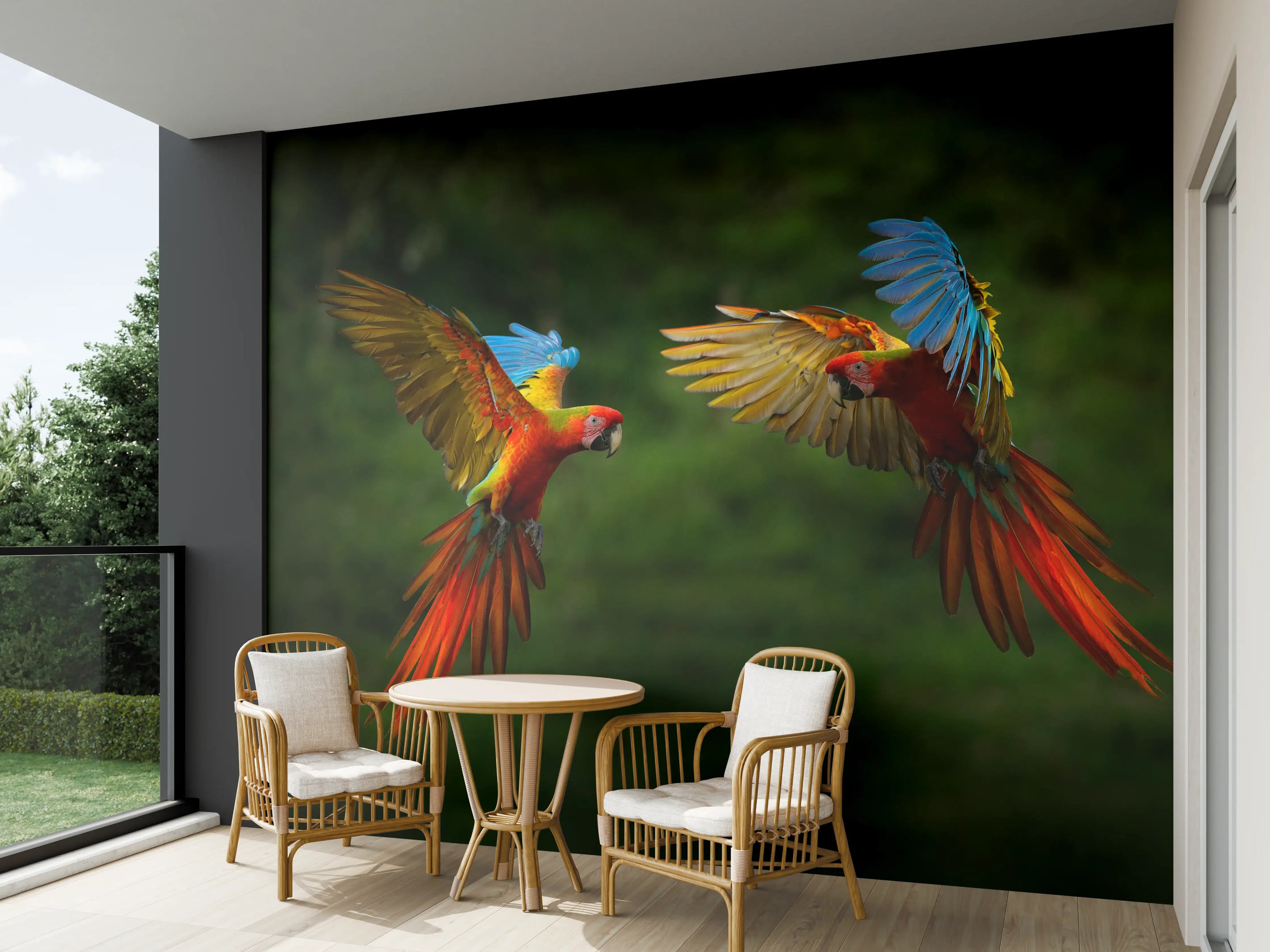 Wandverkleidung außen - Fliegende bunte Papageien