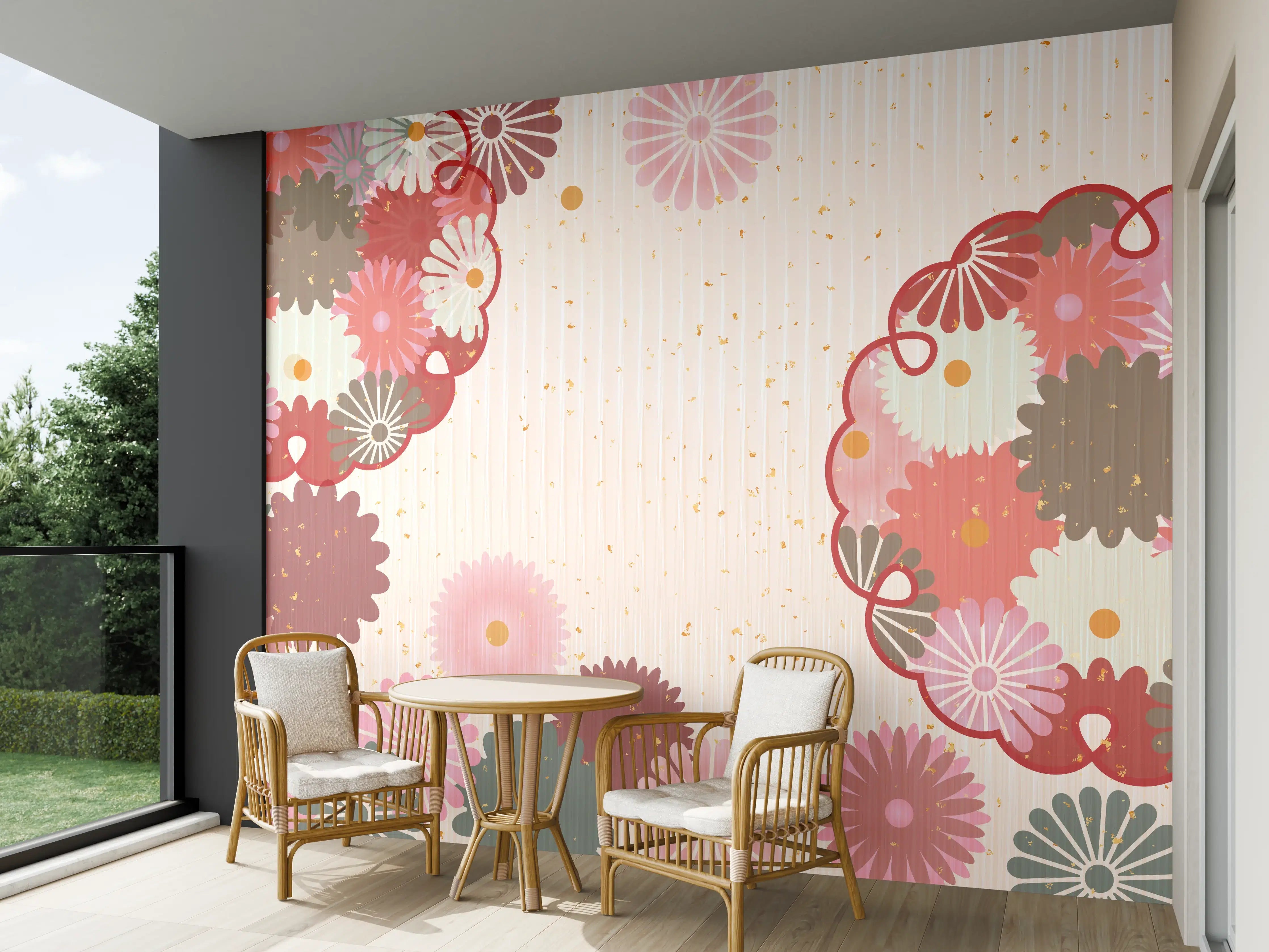 Wandverkleidung außen - Floral Blumenmuster Beige Rot