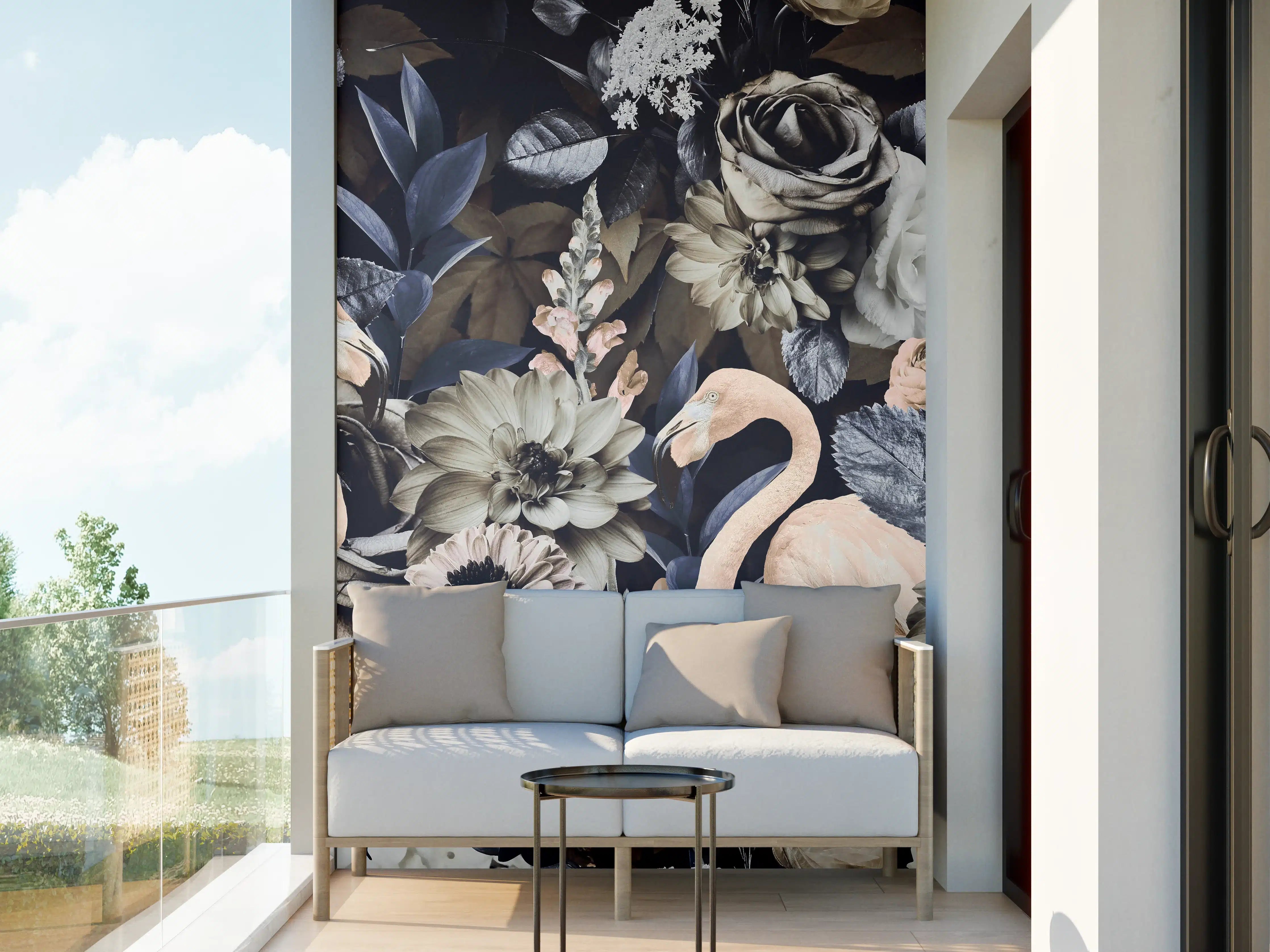 Wandverkleidung außen - Floral-Flamingo Muster Grau-Weiß