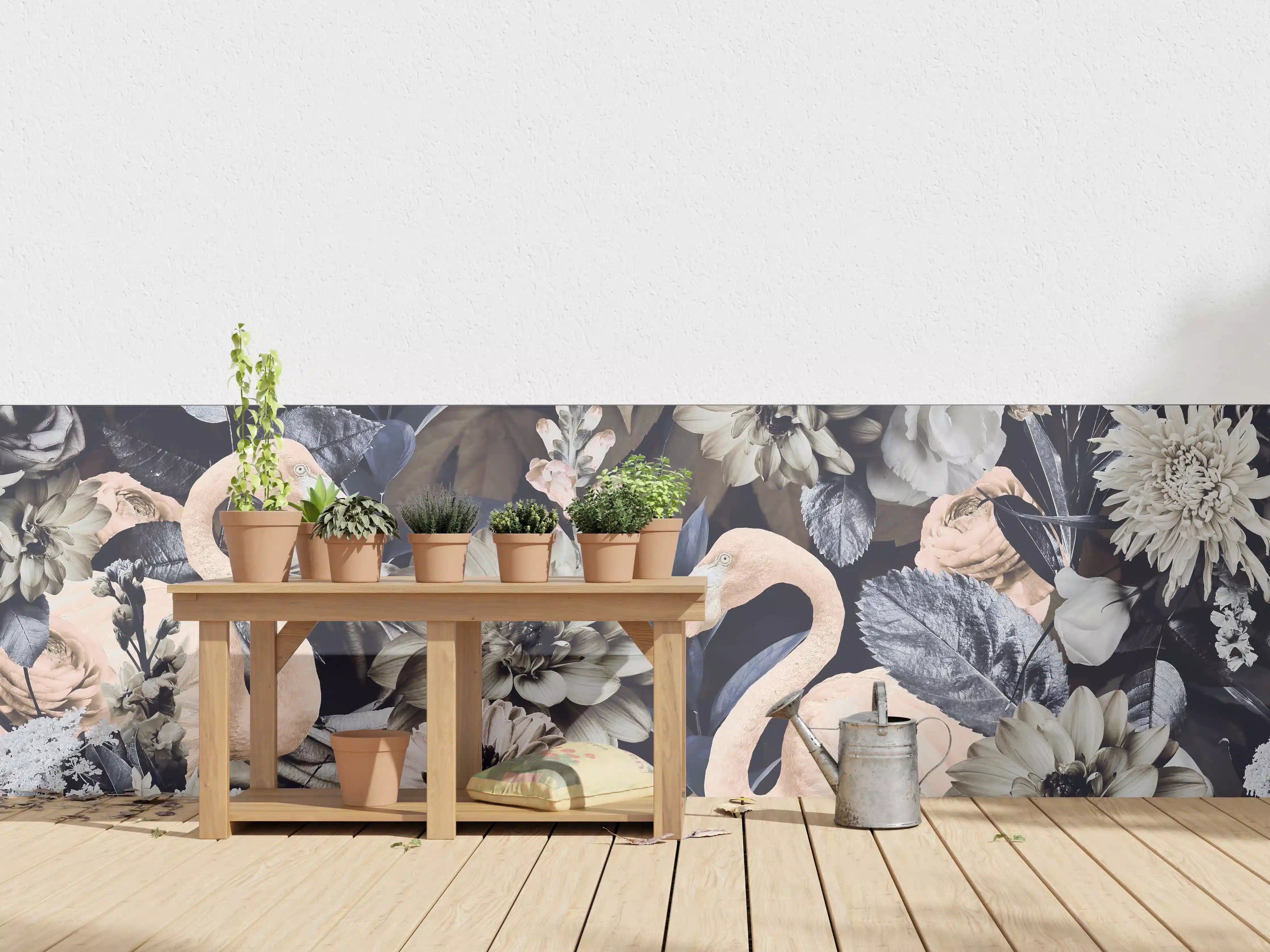 Wandverkleidung außen - Floral-Flamingo Muster Grau-Weiß