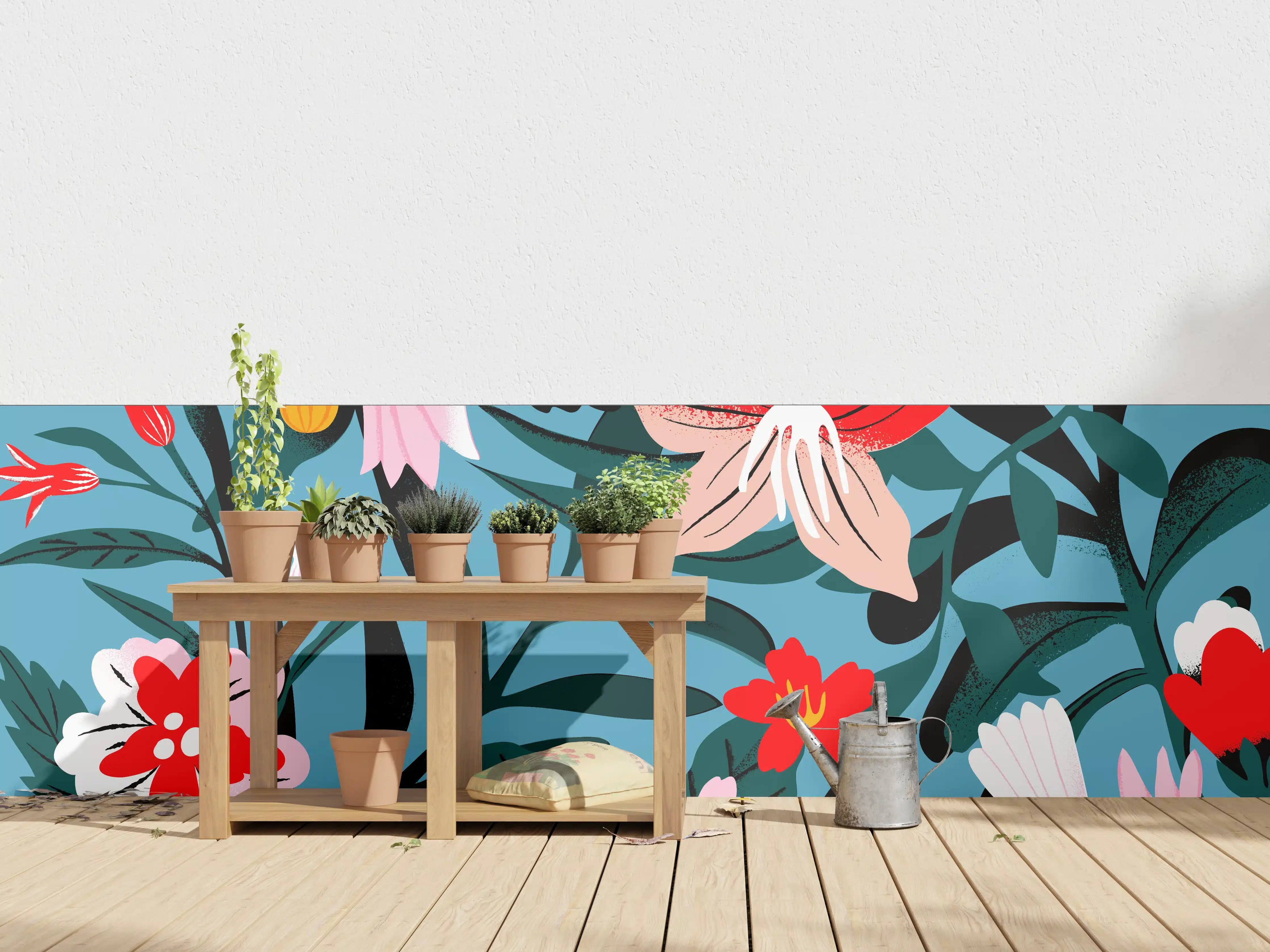 Wandverkleidung außen - Florales Blau-Rot Muster