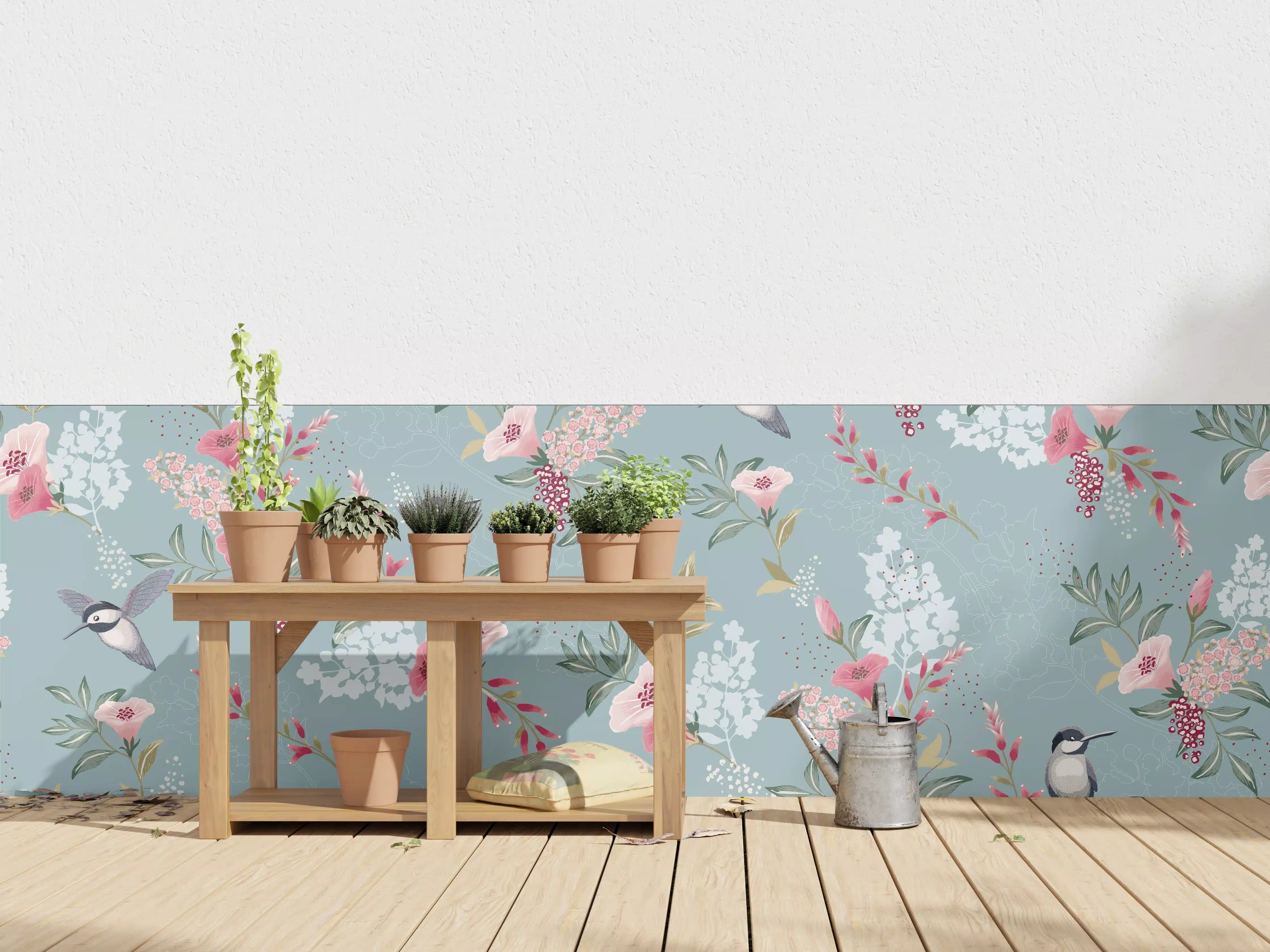 Wandverkleidung außen - Florales Muster mit Vögeln Pastell
