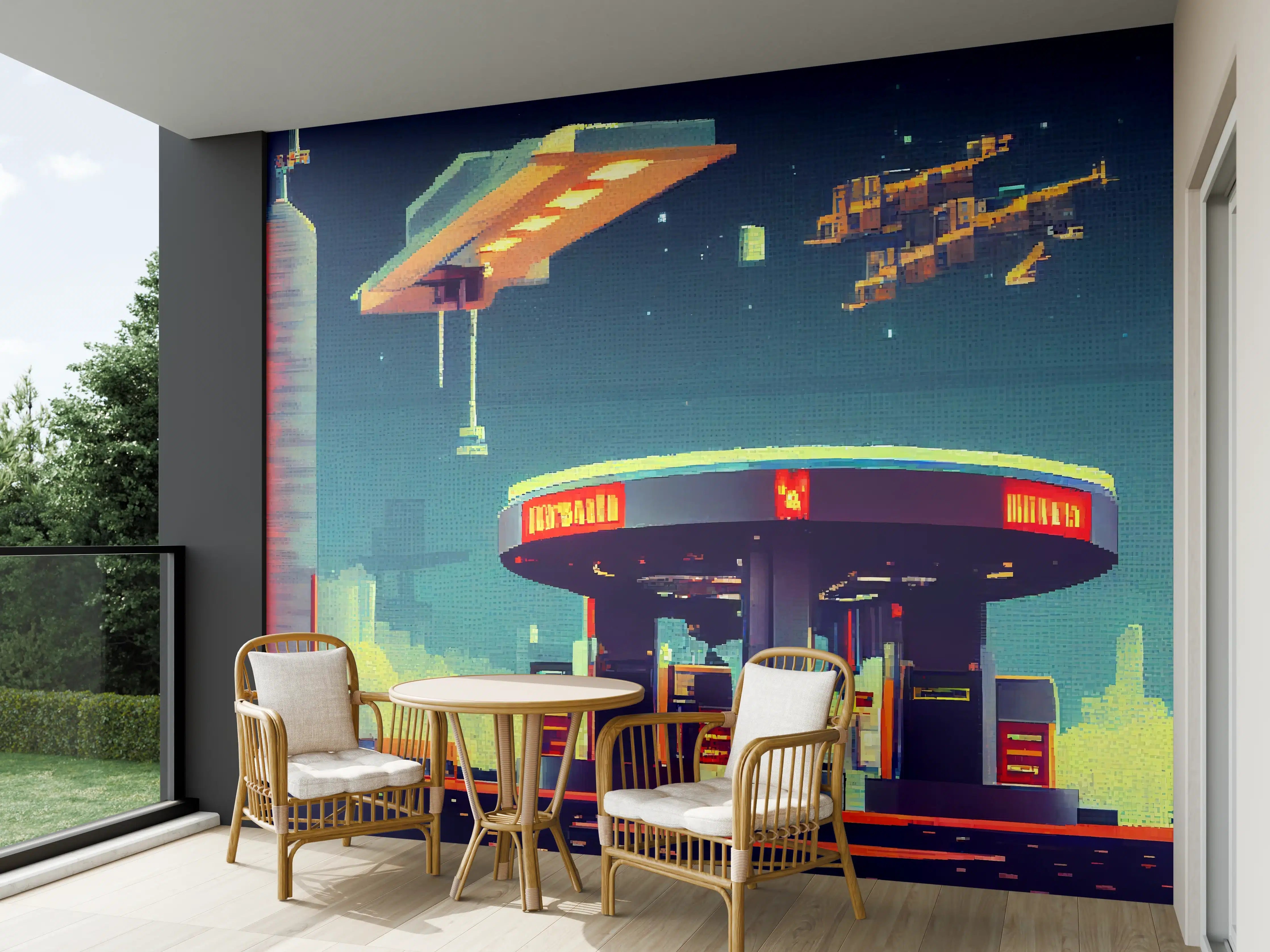 Wandverkleidung außen - Futuristische Illustration einer Cyberpunk-Tankstelle im Pixel-Art-Stil