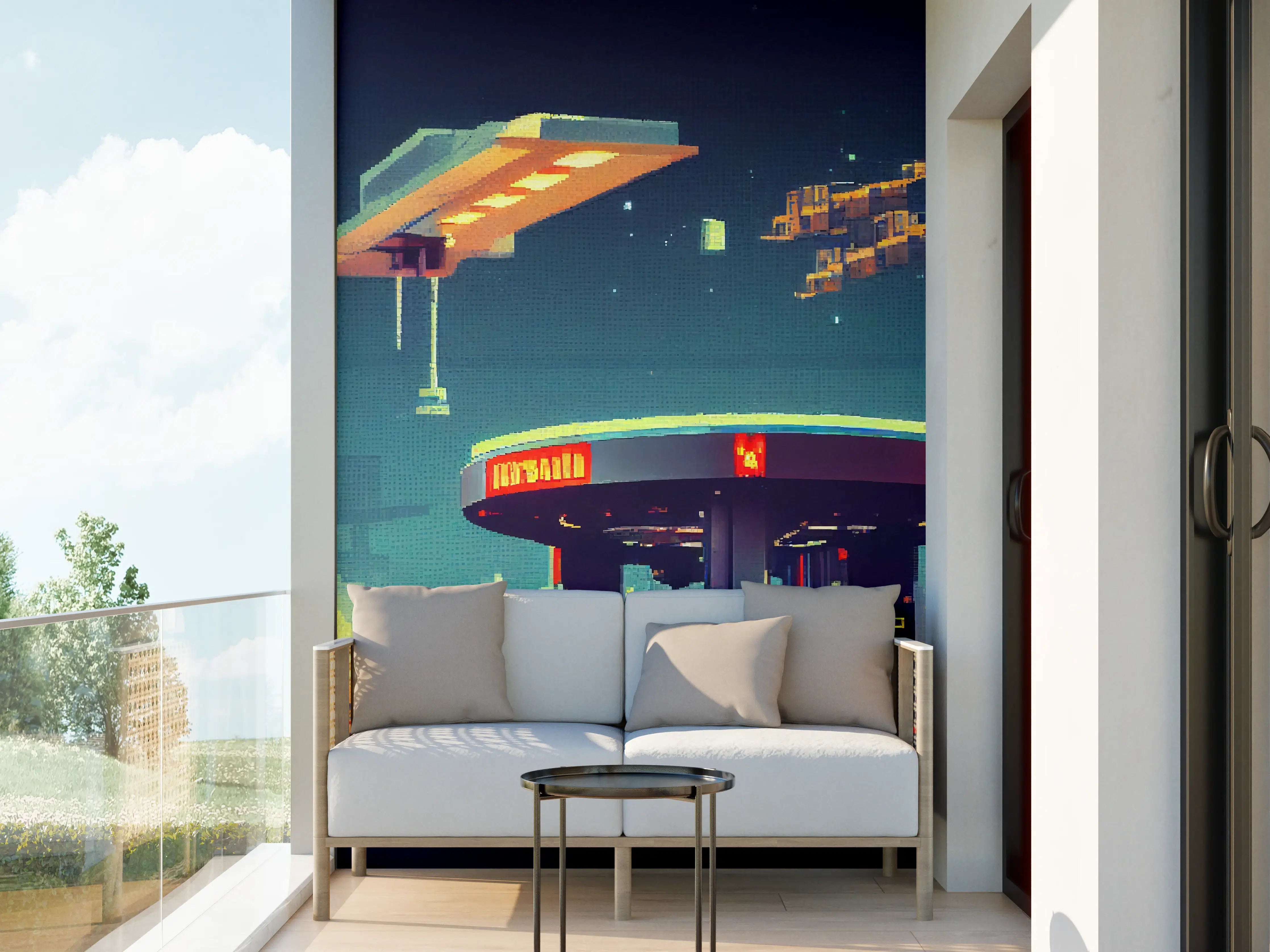 Wandverkleidung außen - Futuristische Illustration einer Cyberpunk-Tankstelle im Pixel-Art-Stil