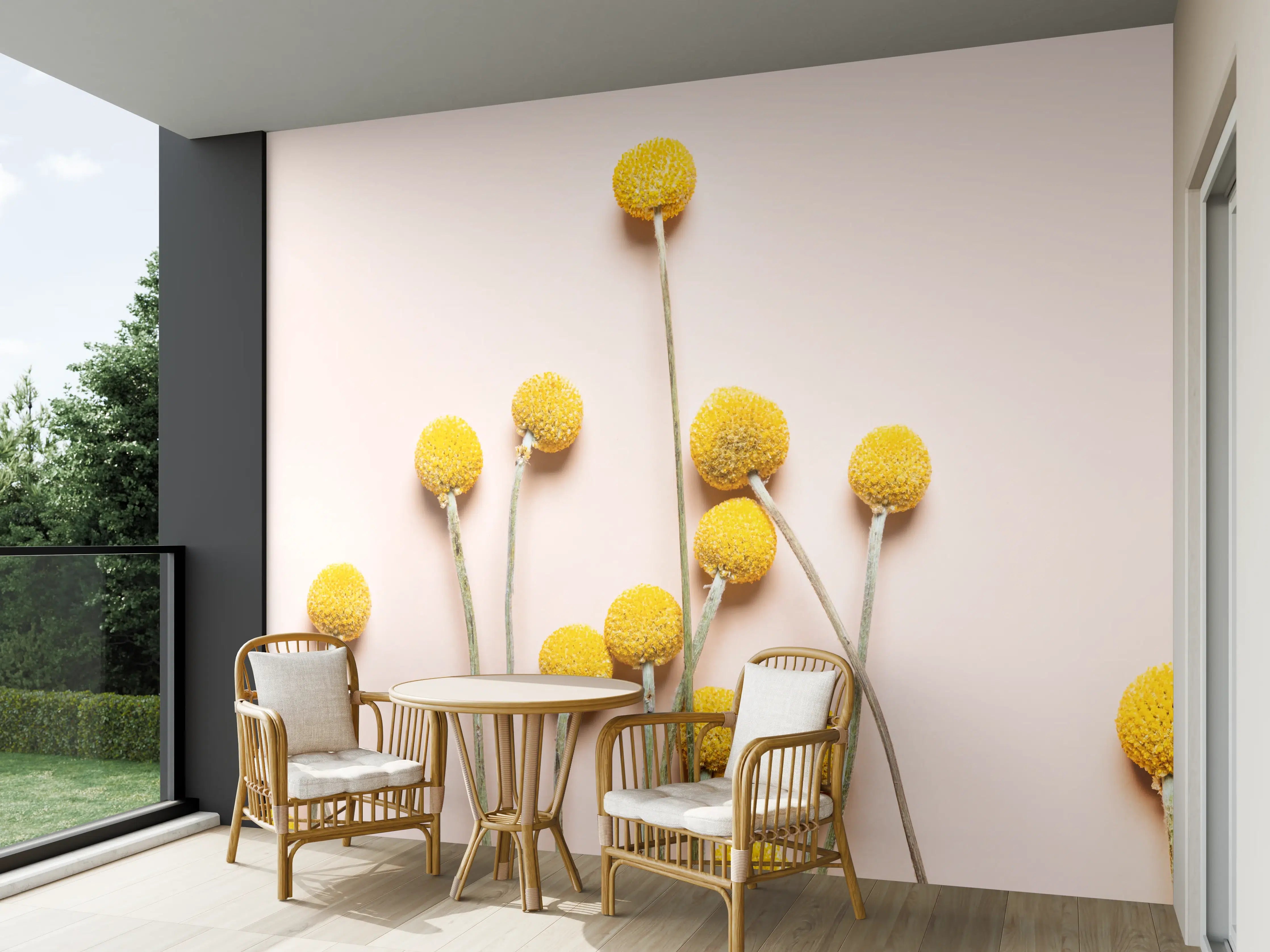 Wandverkleidung außen - Gelbe Pompons auf beigeem Hintergrund