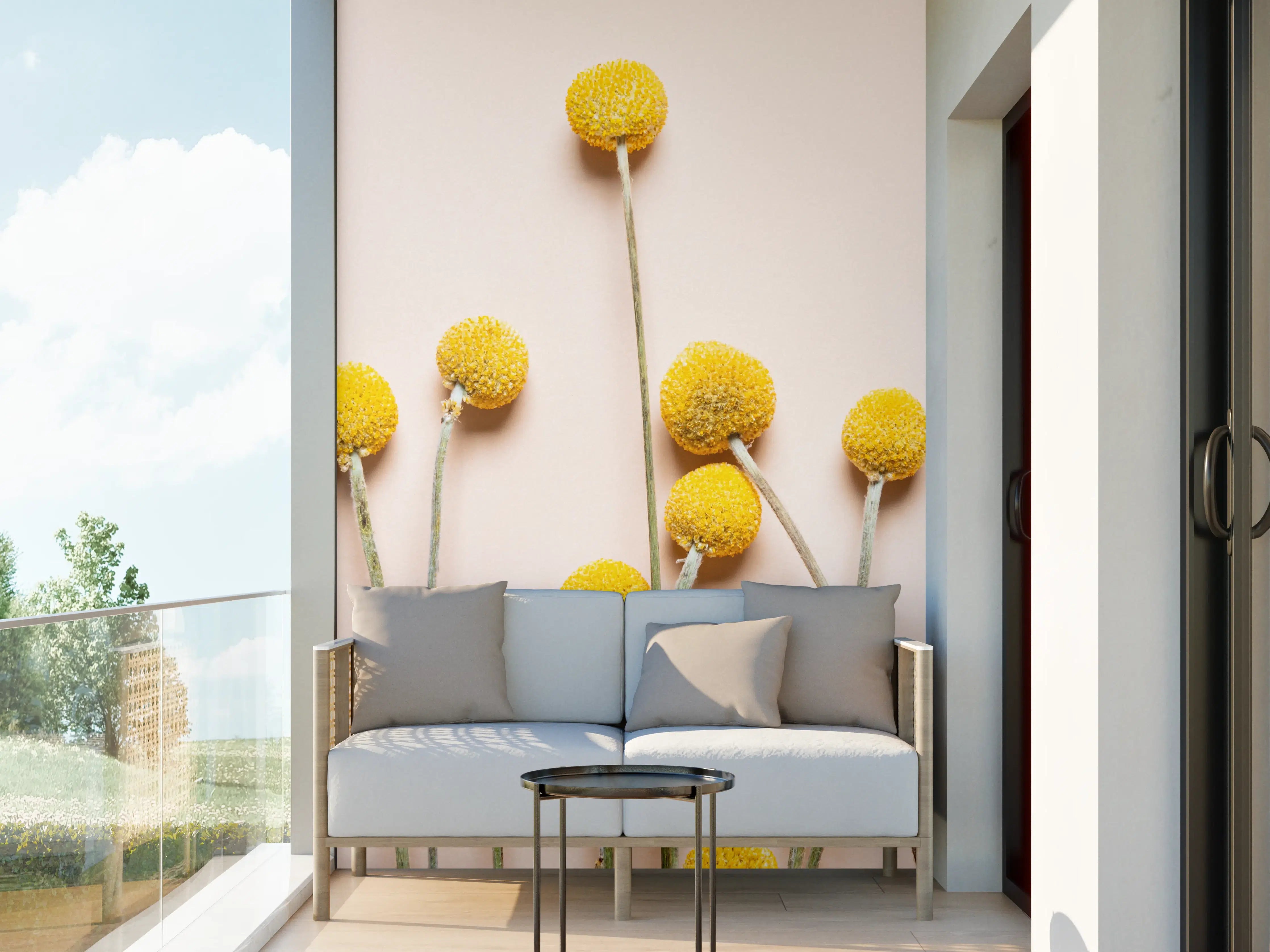 Wandverkleidung außen - Gelbe Pompons auf beigeem Hintergrund
