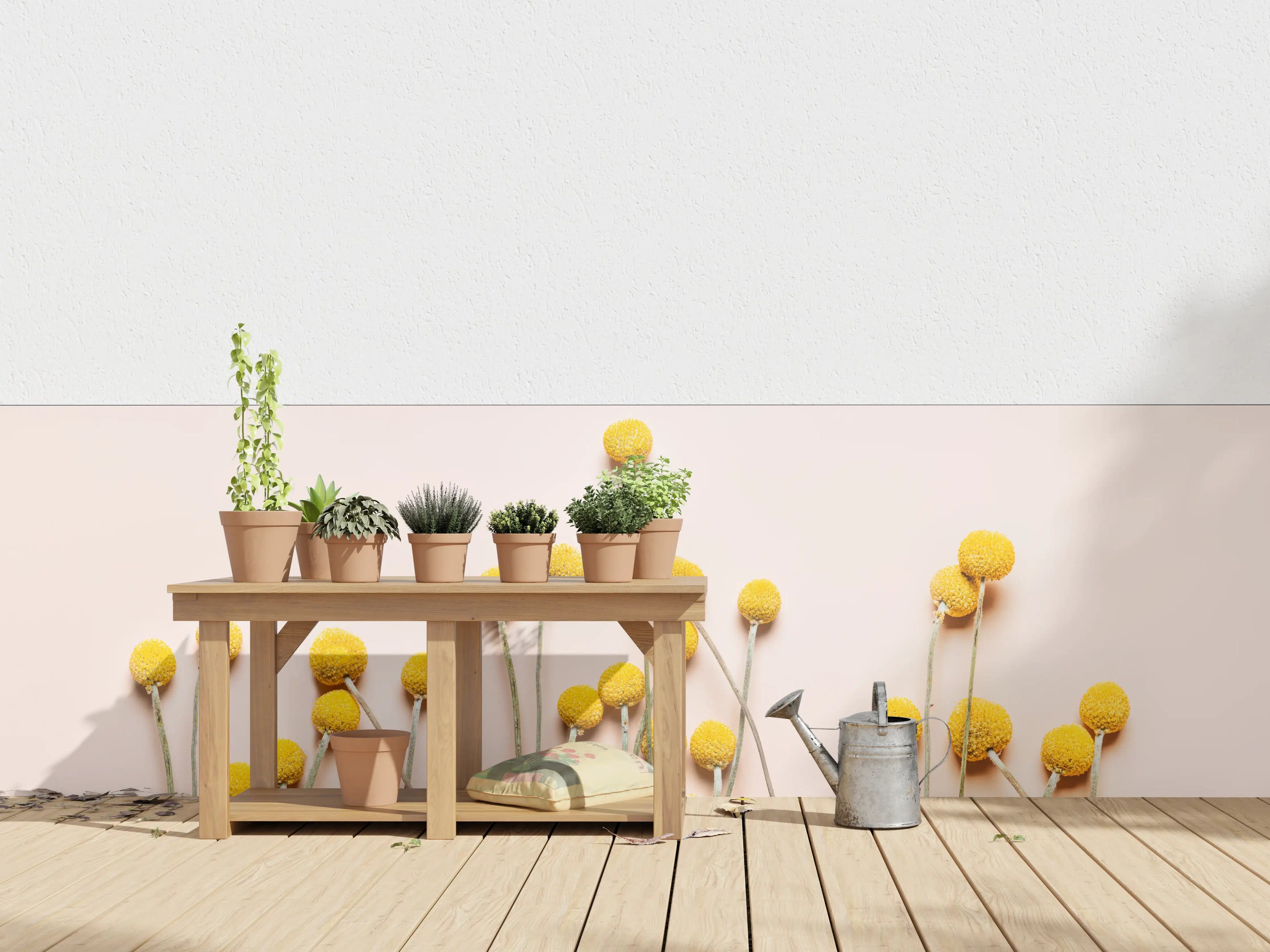 Wandverkleidung außen - Gelbe Pompons auf beigeem Hintergrund