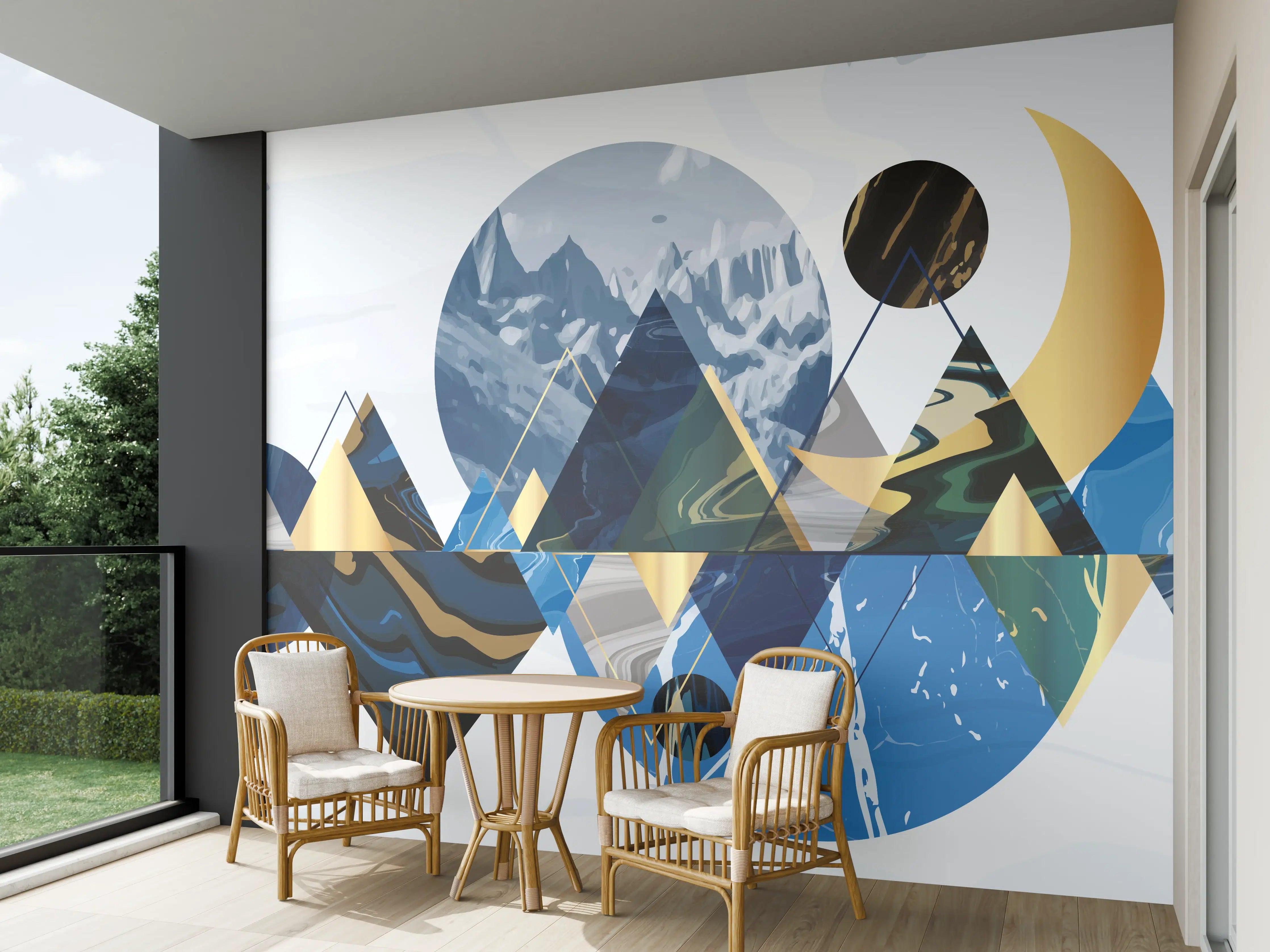 Wandverkleidung außen - Geometrische Berglandschaft in Blau