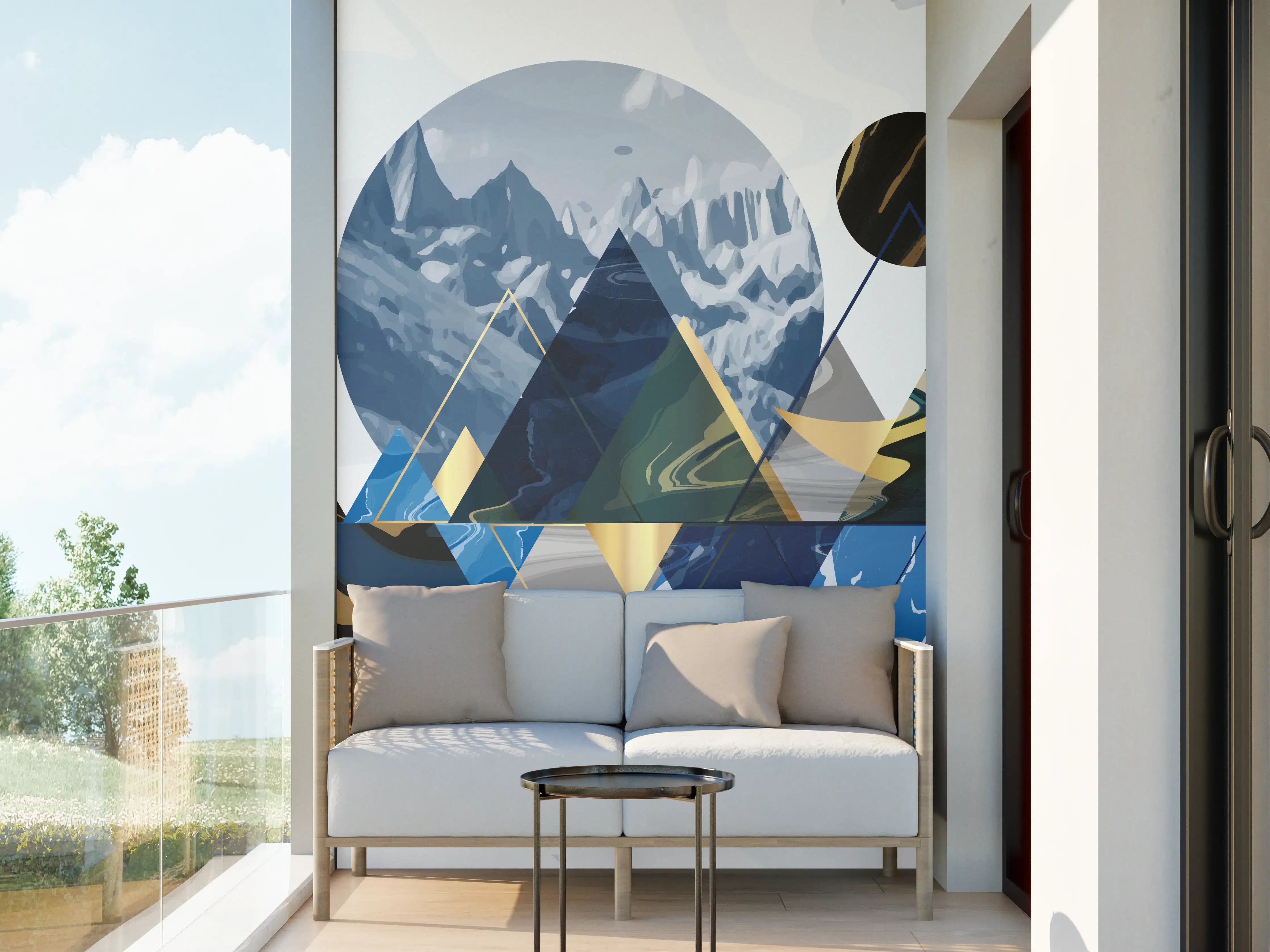 Wandverkleidung außen - Geometrische Berglandschaft in Blau