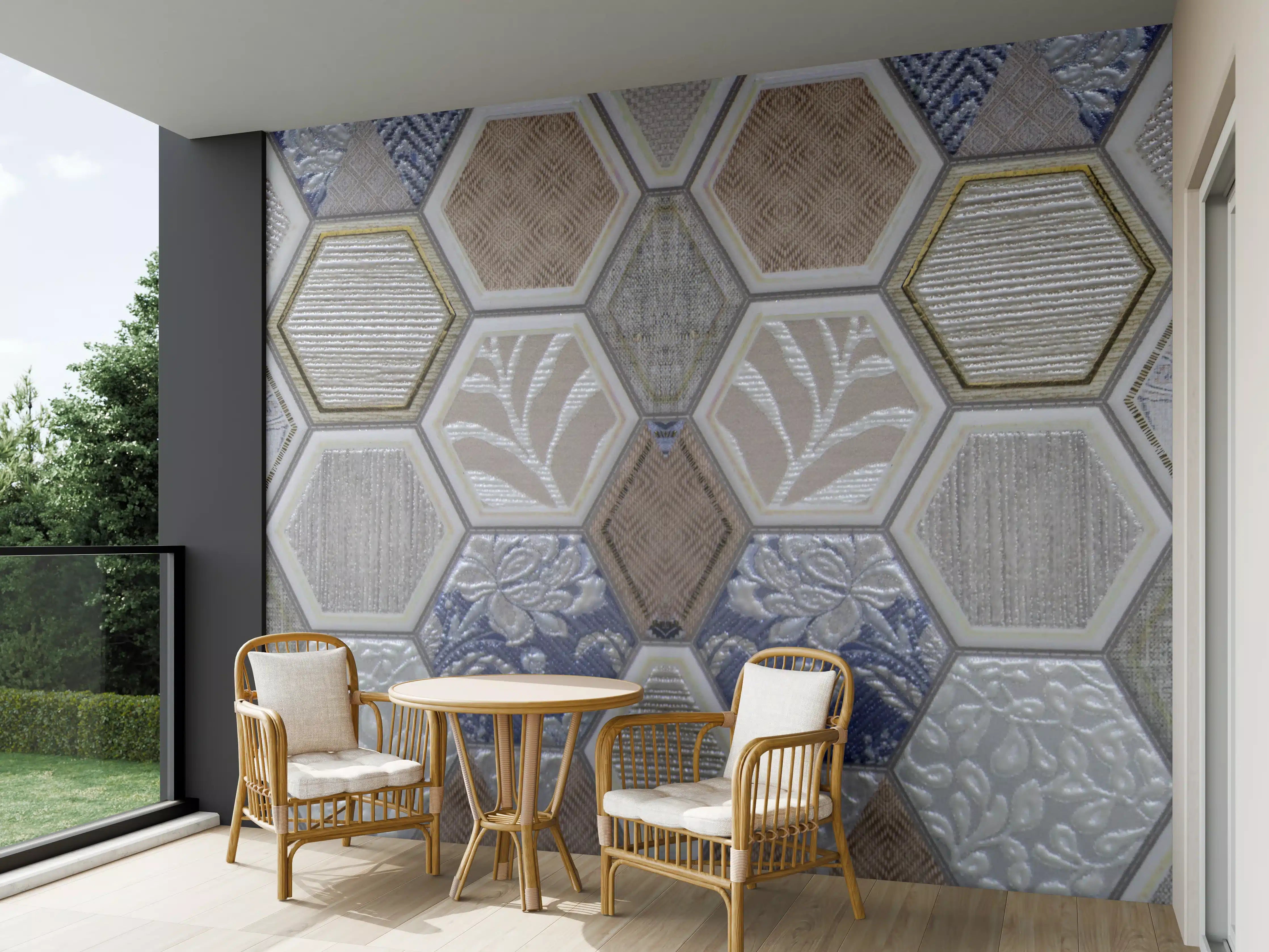 Wandverkleidung außen - Geometrische Blau-Beige Fliesen