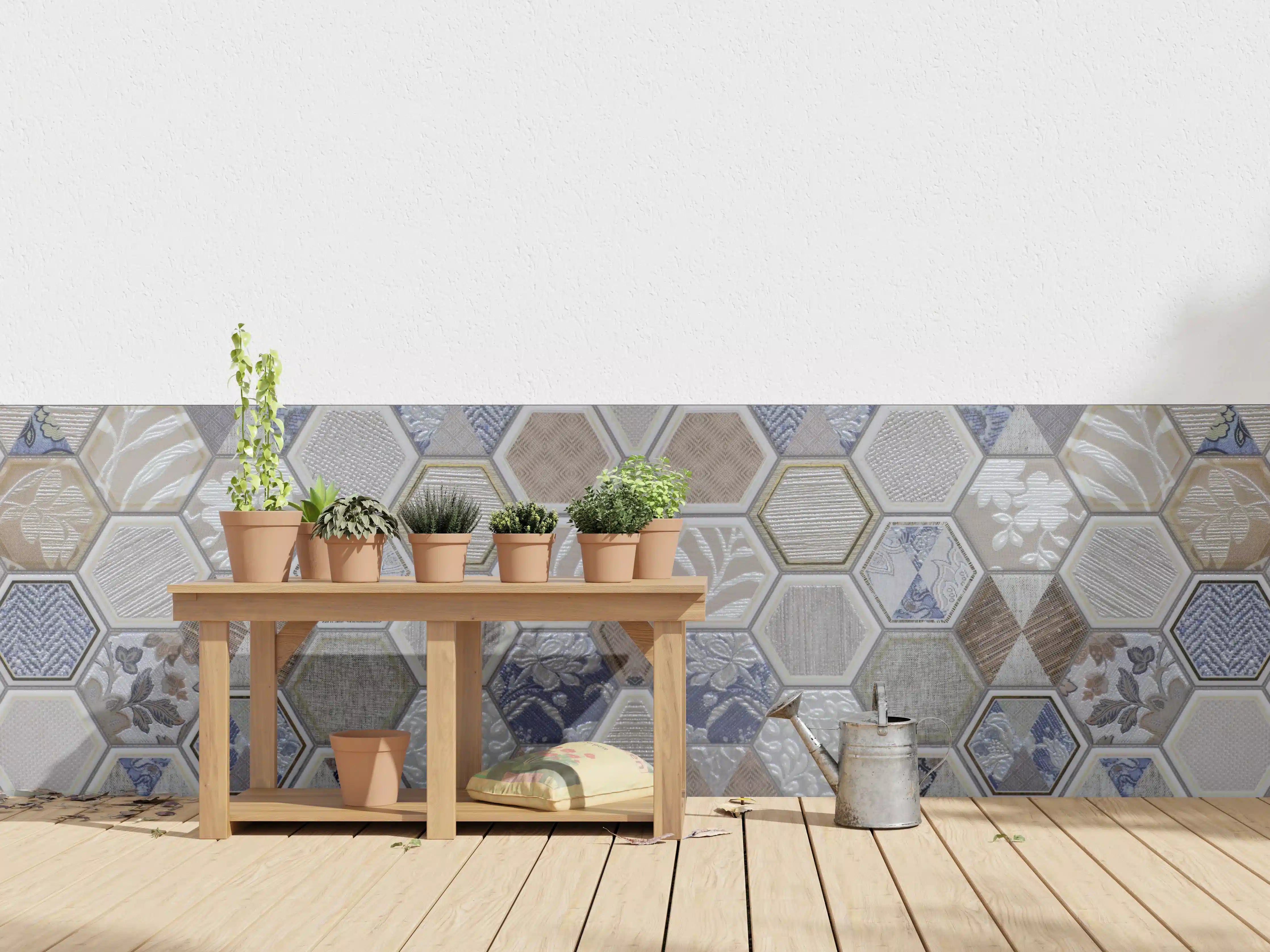 Wandverkleidung außen - Geometrische Blau-Beige Fliesen