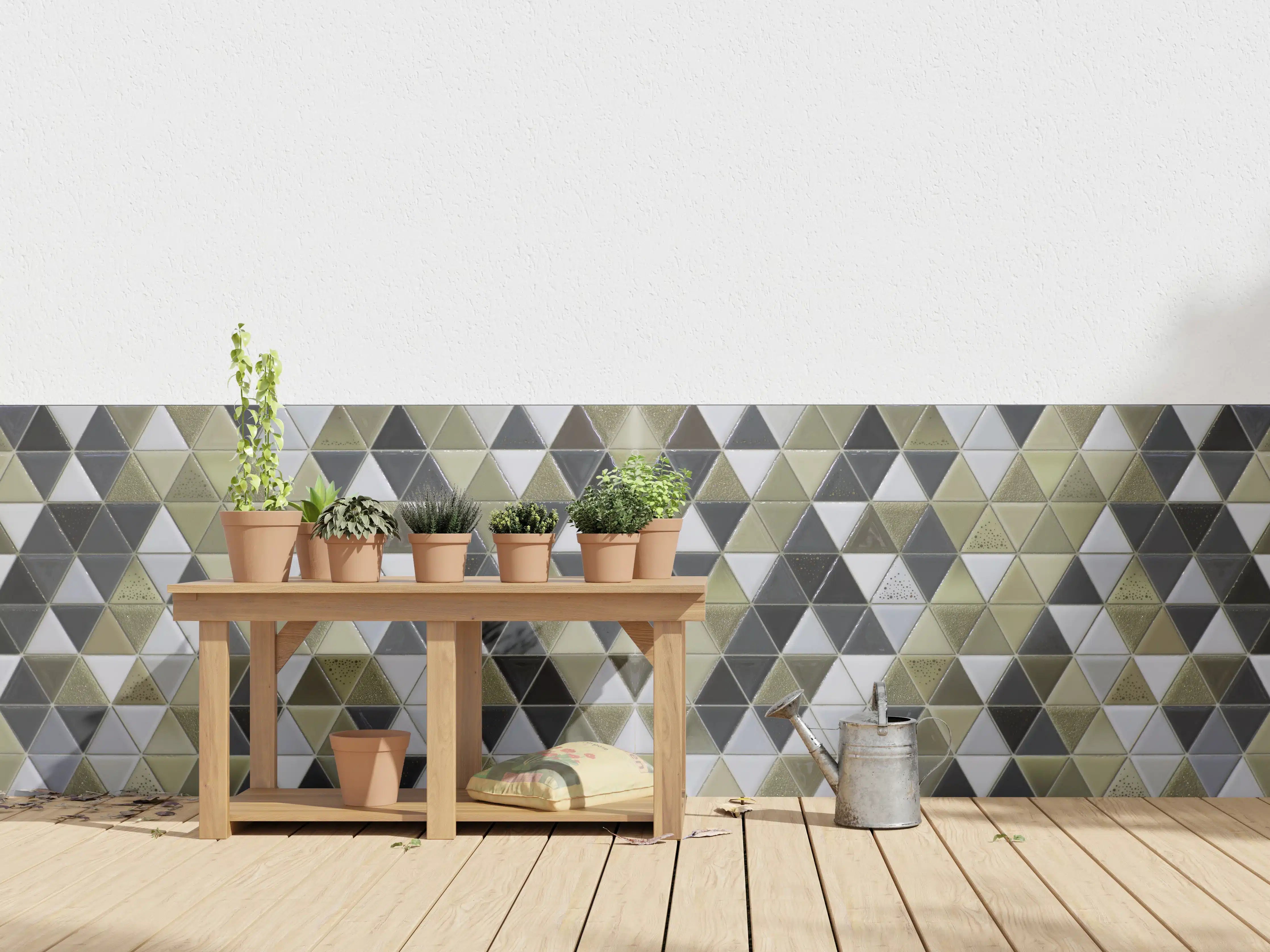 Wandverkleidung außen - Geometrisches Fliesenmuster Schwarz Weiß Gold