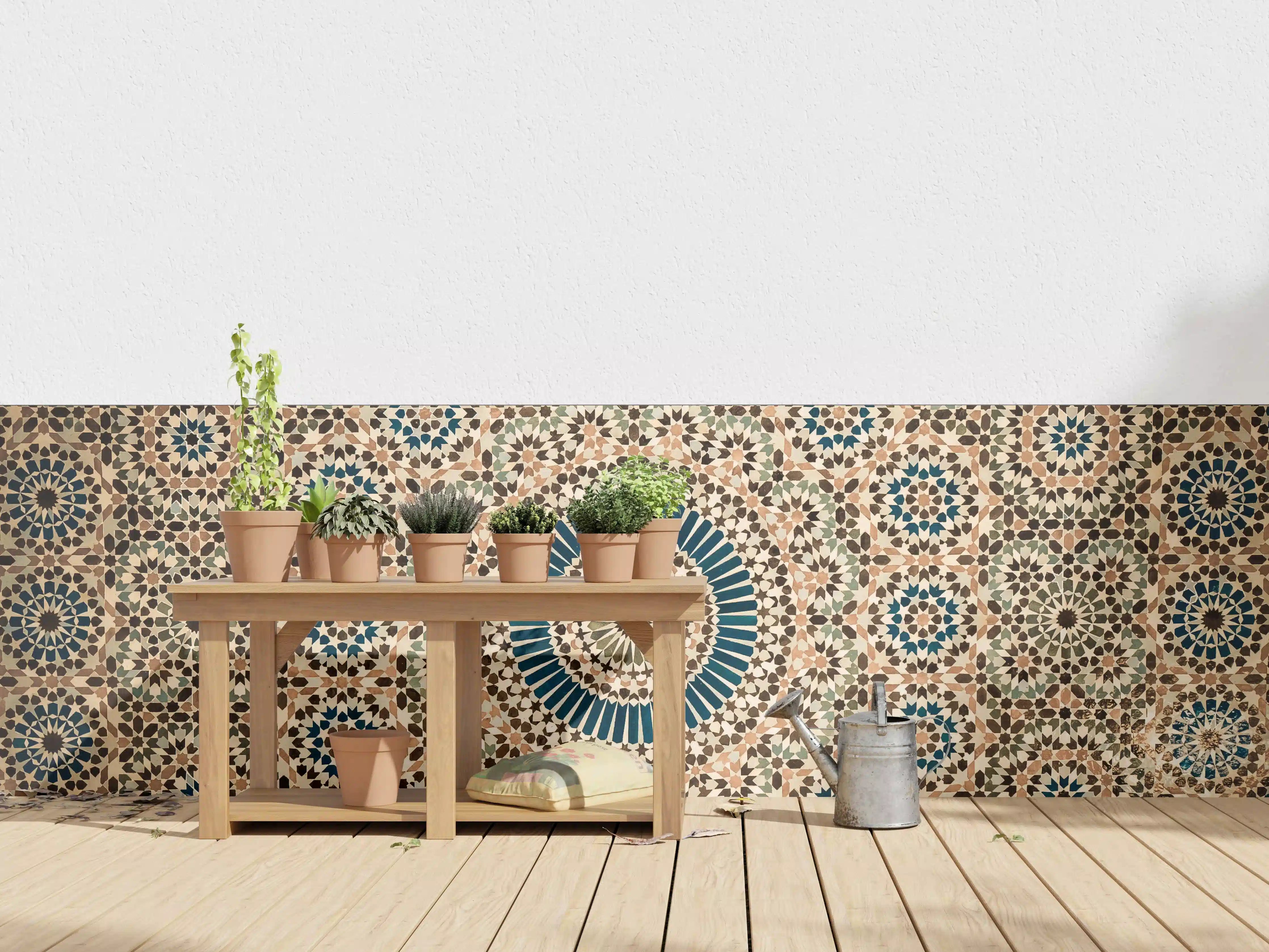 Wandverkleidung außen - Geometrisches Mosaik mit Blautönen und Erdtönen
