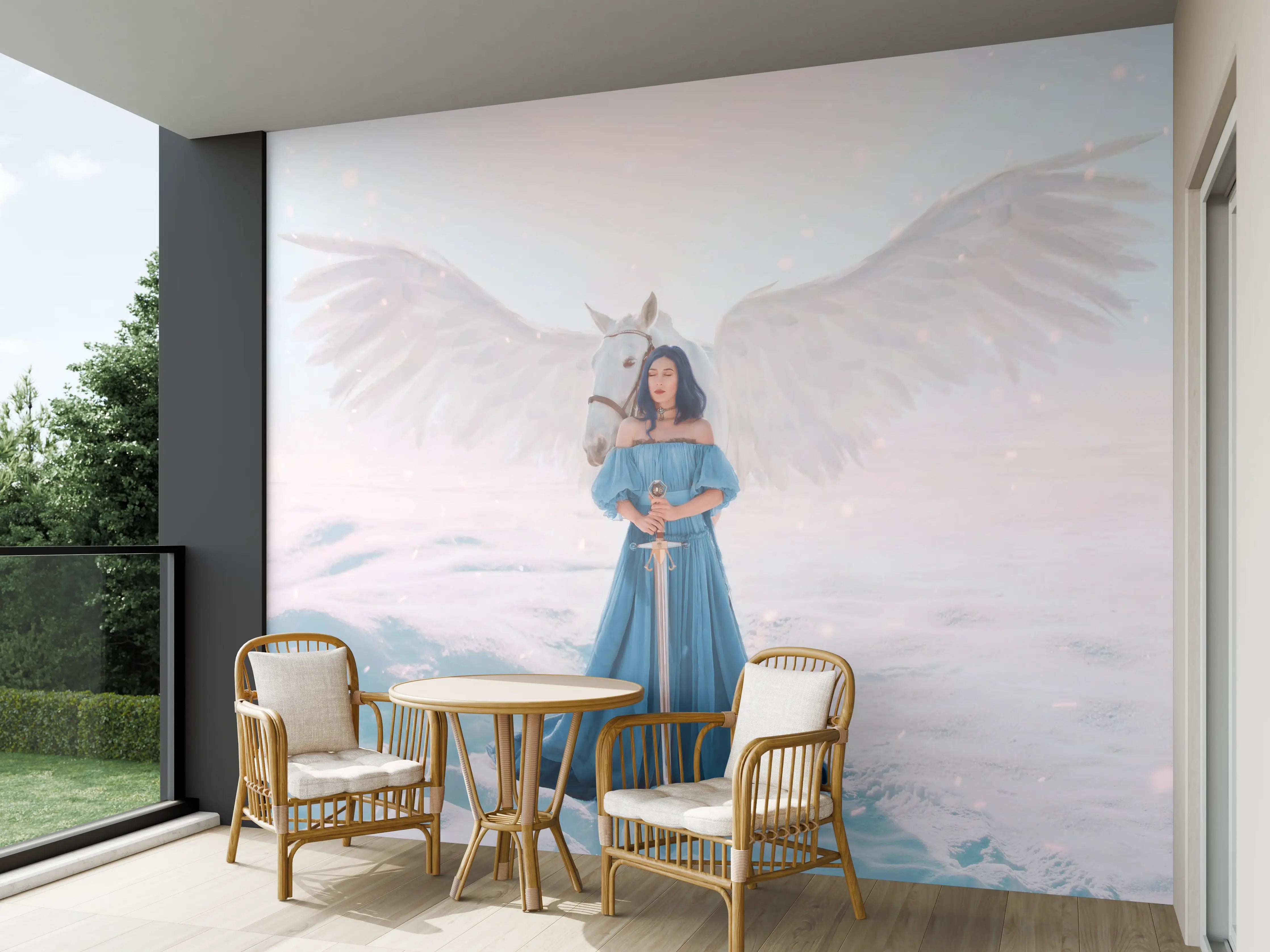 Wandverkleidung außen - Göttin des Friedens & Gerechtigkeit mit weißem Pegasus