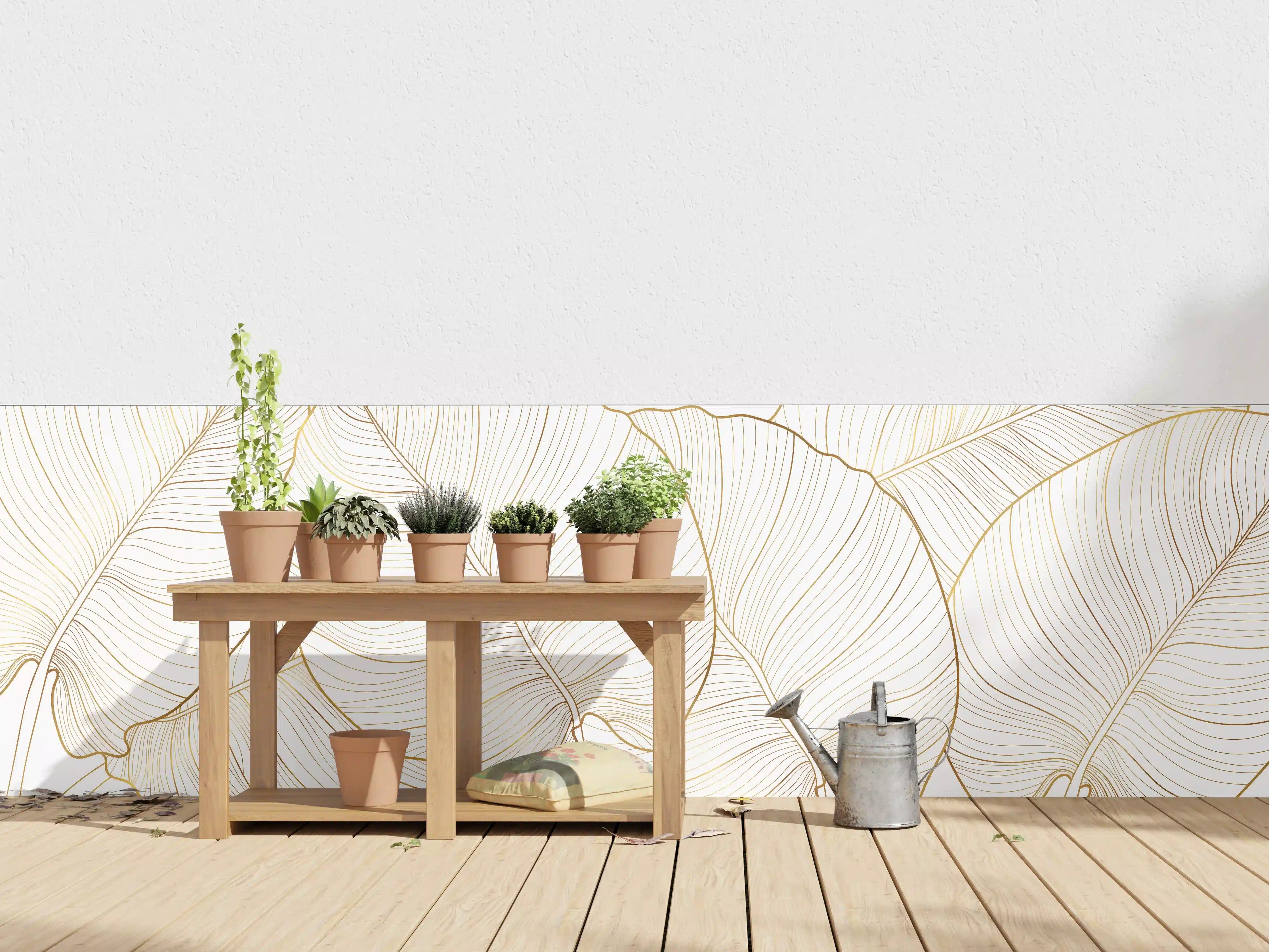 Wandverkleidung außen - Goldene Blattstruktur auf Weiß