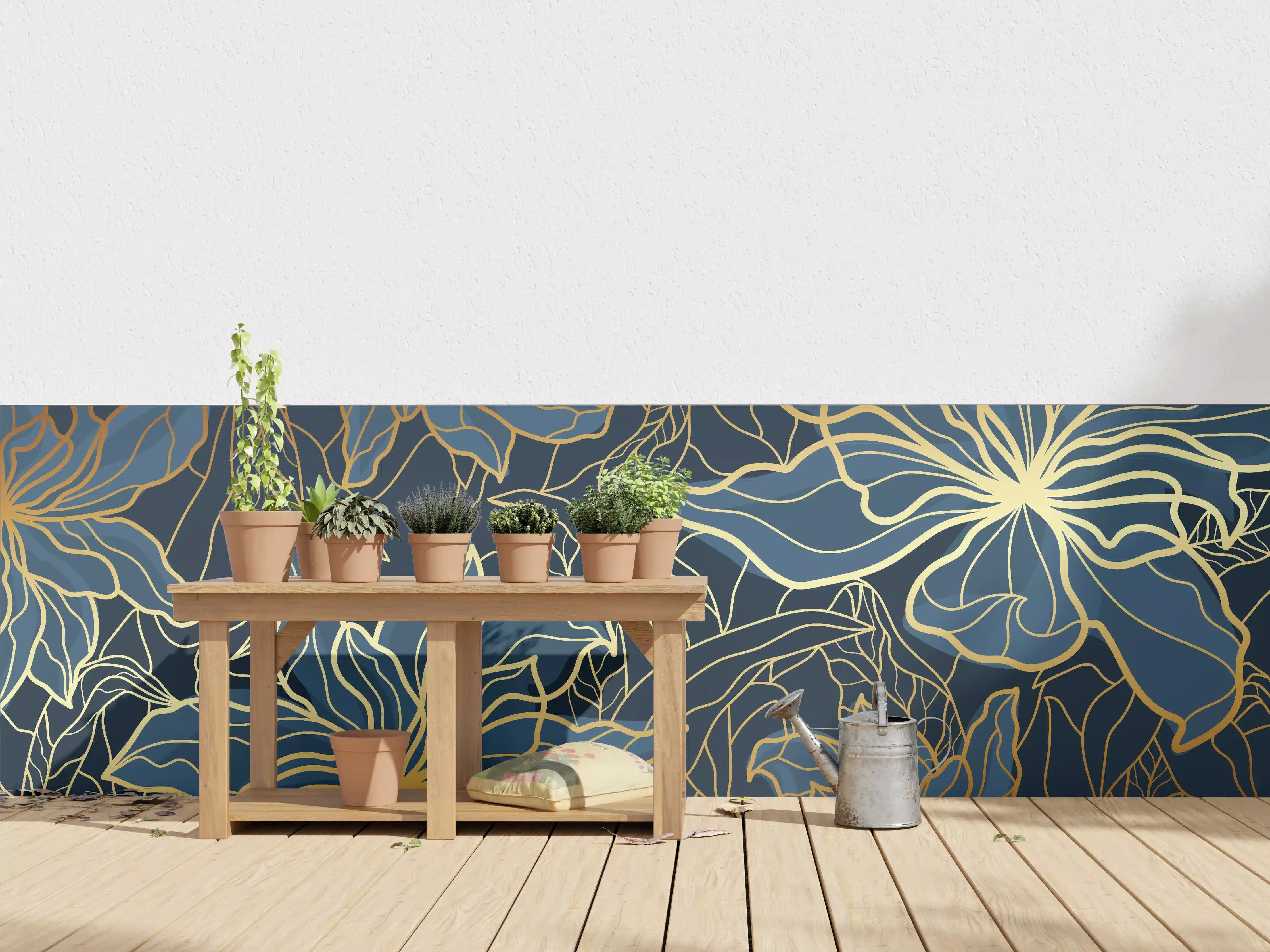 Wandverkleidung außen - Goldene Blumenranken auf Dunkelblau