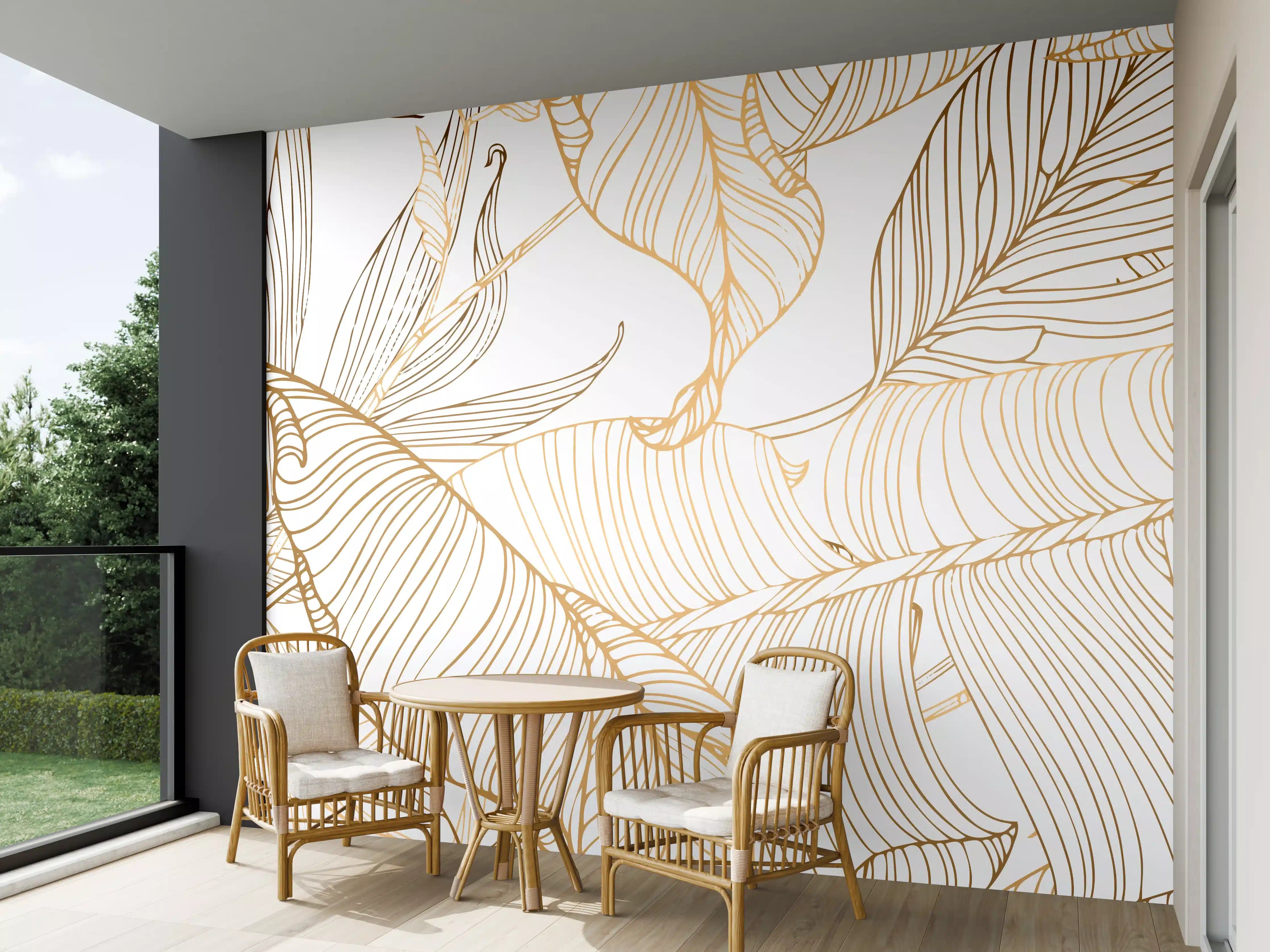 Wandverkleidung außen - Goldene Lineart Blattmuster Kunst